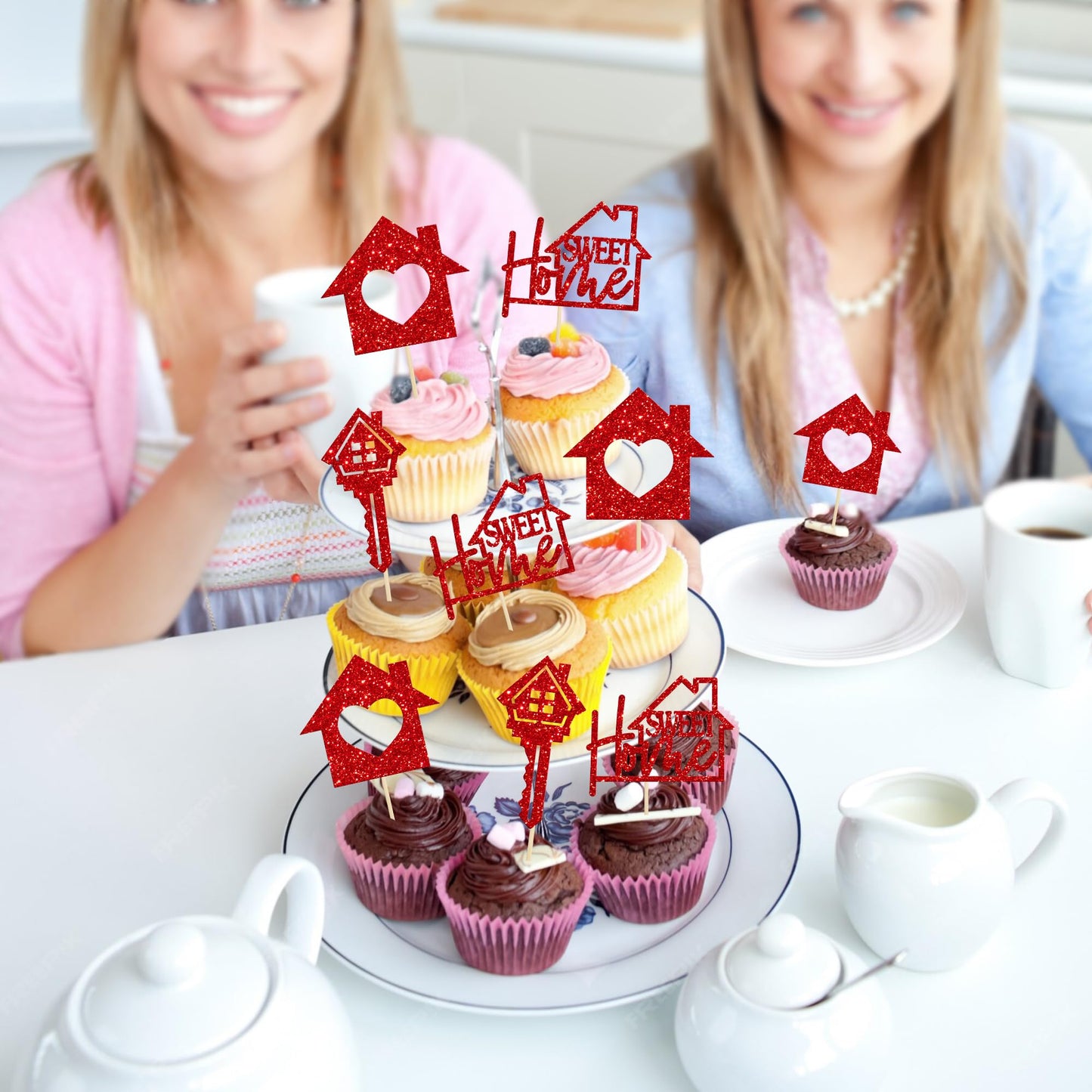 Gyufise Cupcake Toppers - 24 Pack Sweet Home Theme Decorations, Red, Paper