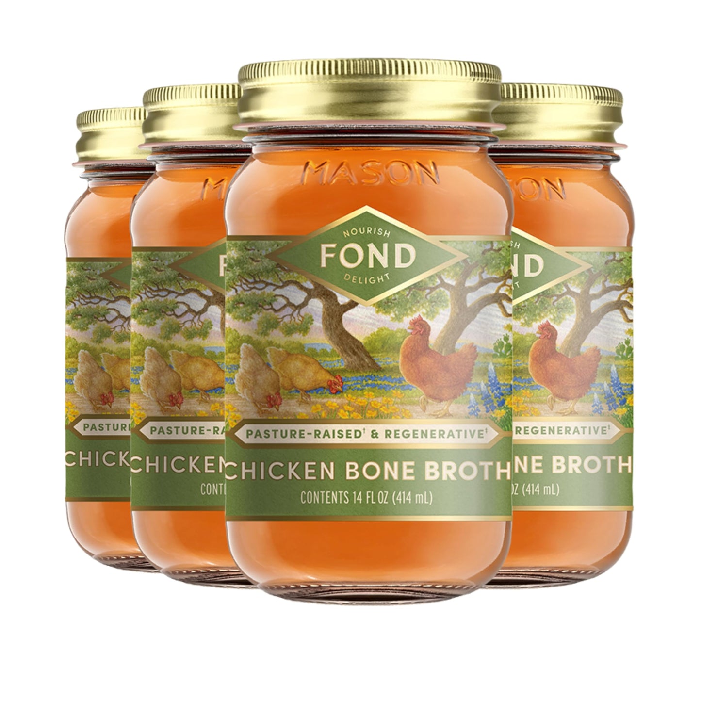 FOND Regenerative Pasture-Raised Chicken Bone Broth - Slow-Simmered Chicken Broth for Rich and Nourishing Flavor  Nutrient-Dense  Artisan Quality - Pure & Unflavored  14 oz (4-Pack)
