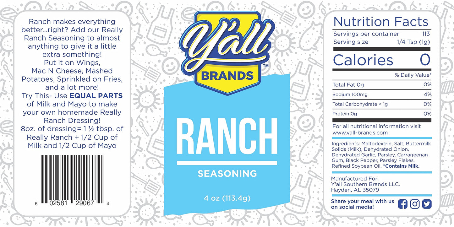 Y'all Ranch Seasoning, Premium Quality Barbeque Spices and Seasoning Blends, All-Natural Gluten-Free Easy and Delicious Seasonin