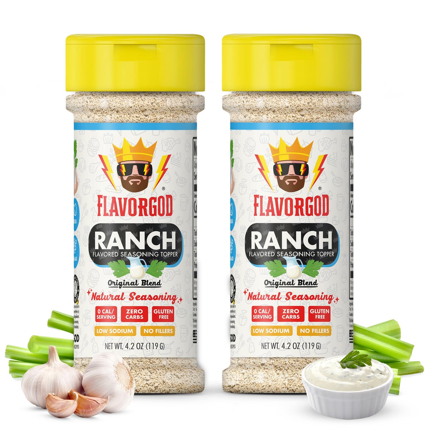 Flavor God Ranch Seasoning Mix, All Natural Spice Blend, 2 Pack, Vegan, Kosher, Low Sodium, Great for Chicken, Pizza, Salads, Vegetables
