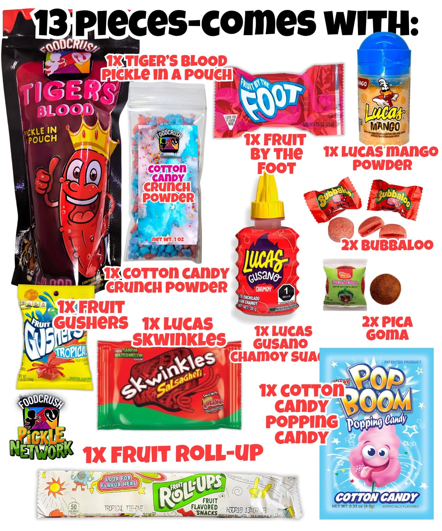 Food Crush Tigers Blood Cotton Candy Pickle Kit - 13 Pcs Variety Pack for Kids and Teens, Includes Fruit Roll Ups and Mexican Snacks