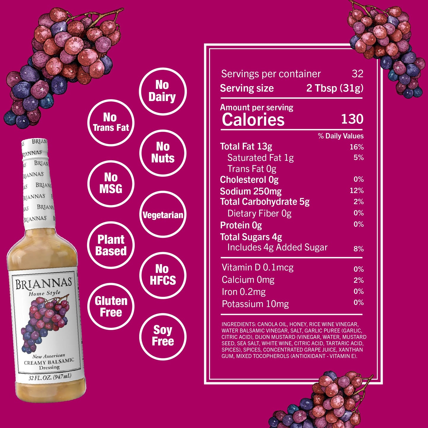 BRIANNAS Creamy Balsamic Dressing - Gluten Free, 32 oz. Bottle