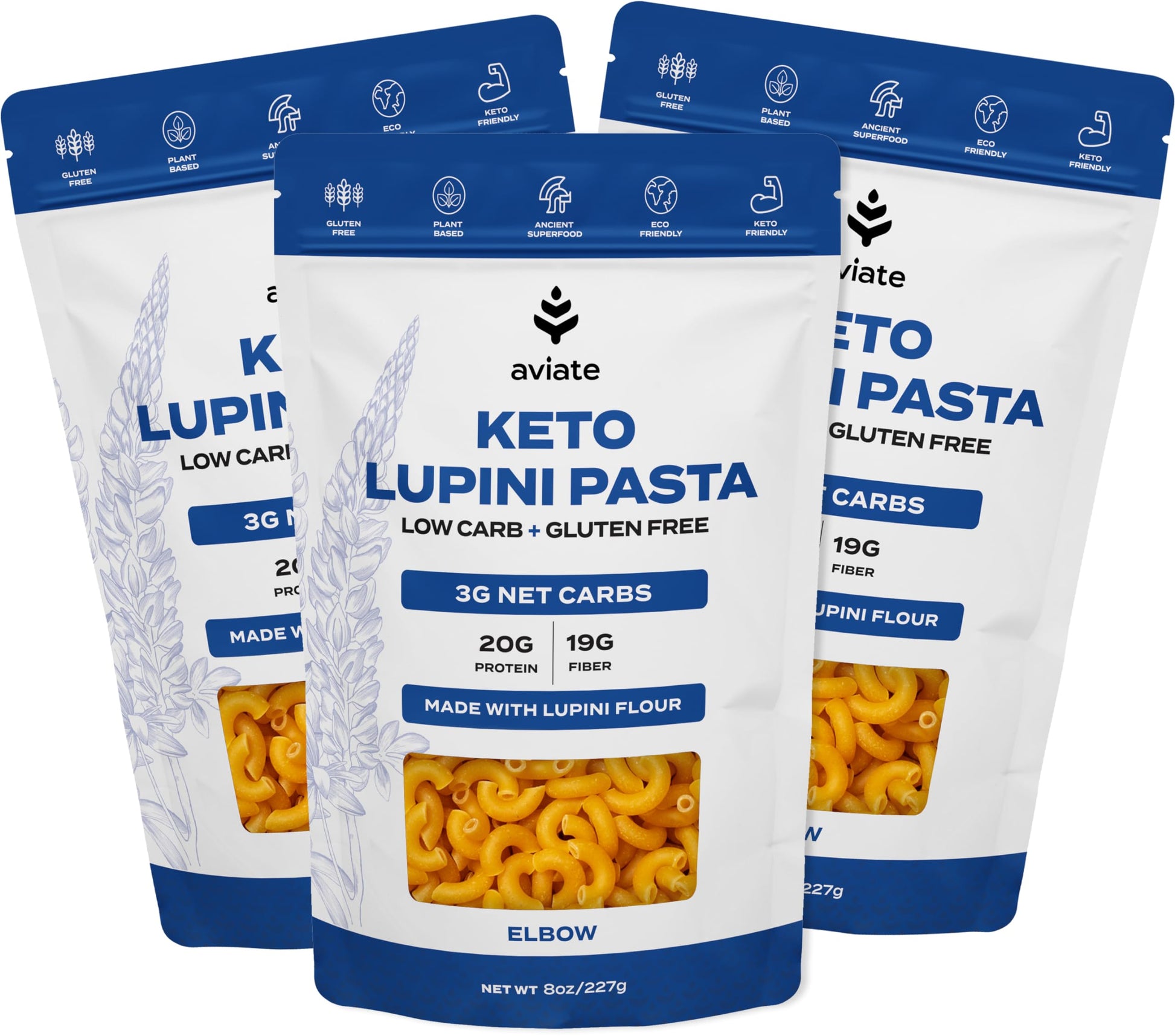 Aviate Keto Pasta Elbows - Low Carb (3G Net) Lupini Noodles, High Protein (20G), Gluten-Free, Made With Lupin Flour, Plant Based