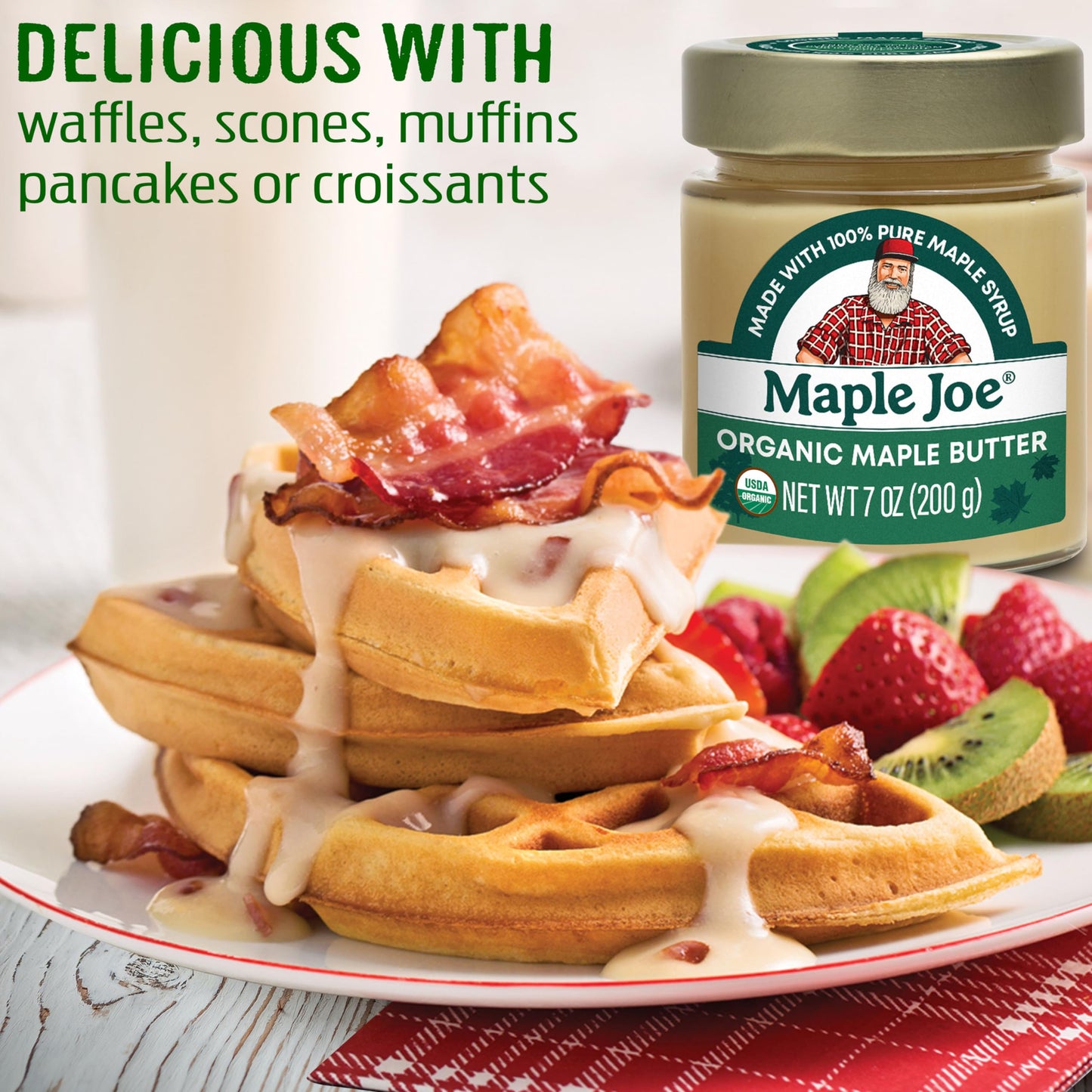 Maple Joe Organic Maple Butter Spread Made With 100% Natural Organic Grade A Syrup. Pure Cream Spread Sugar Candy Smooth & Creamy, Vegan, Fat-Free, Non-Gmo, Non-Dairy, Gluten Free & Kosher Certified. 7Oz / 200G. (1 Pack)