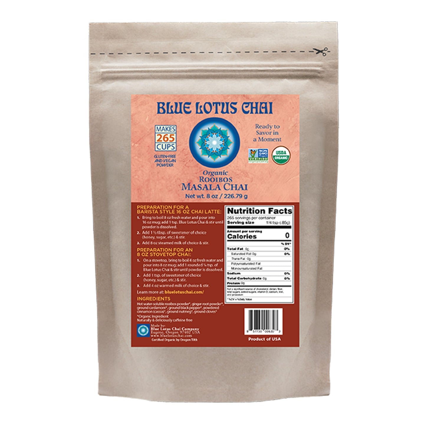 BLUE LOTUS CHAI Organic Rooibos Masala Chai Powder - Caffeine-Free, Gluten-Free, 8 Ounce, Makes 265 Cups