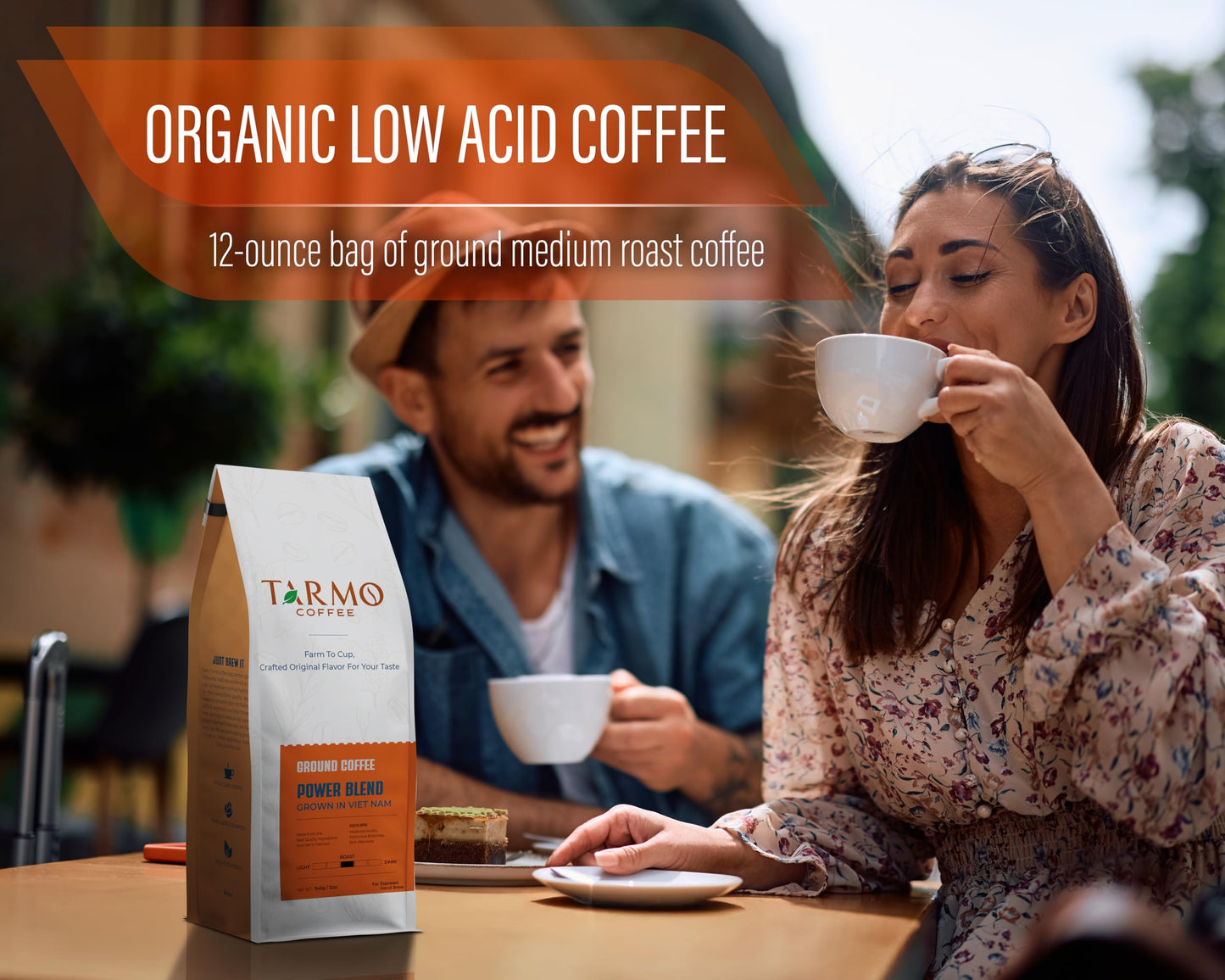 TARMO COFFEE Power Blend Low Acid Ground Coffee, Medium Roast, 12 Oz Bag, Premium Arabica & Robusta Blend