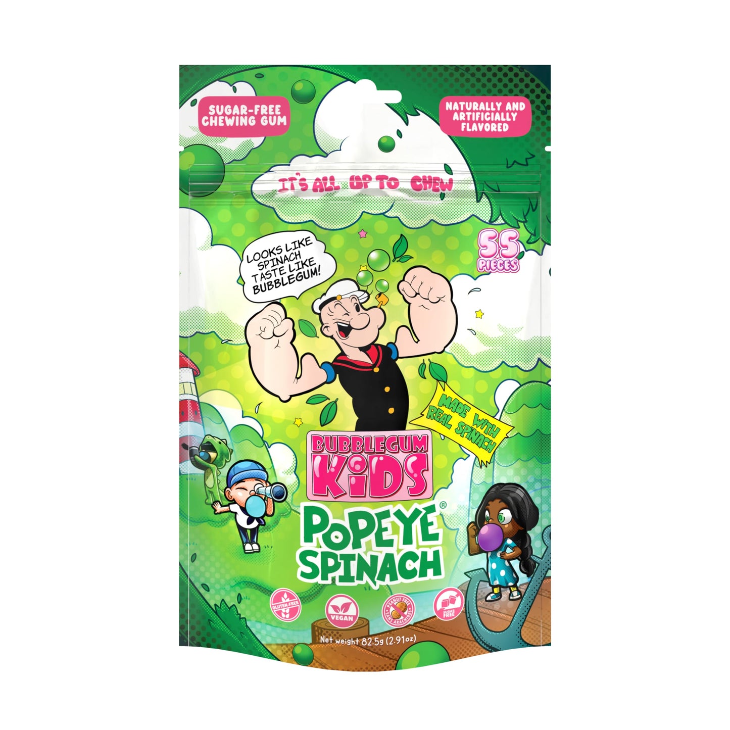 Bubblegum Kids Sugar Free Gum - For Kids and Adults - Xylitol Chewing Gum - Aspartame Free, Vegan Friendly - Popeye's Spinach Ma
