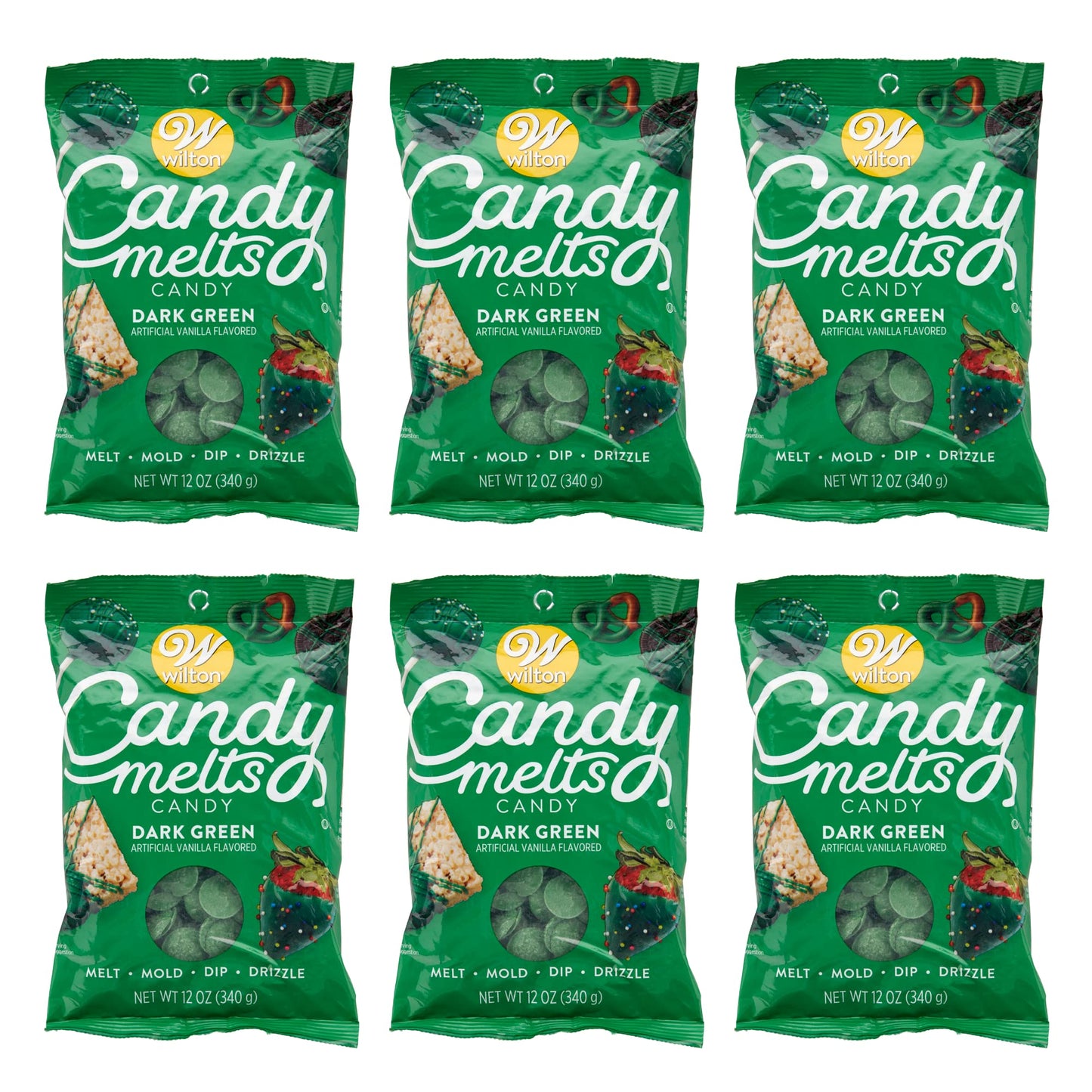 Wilton Melting Chocolate Dark Green Candy Melts for Cake Pops Candy Making Chips Vanilla Flavored 12oz., Pack of 6, Packaging Ma