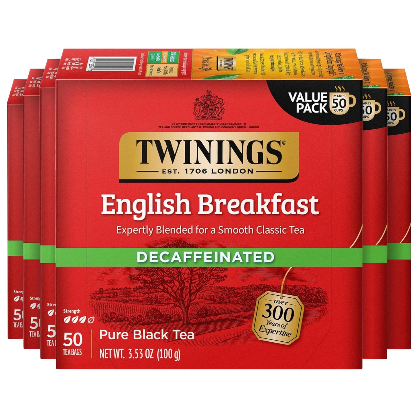 Twinings Decaffeinated English Breakfast Black Tea Bags, 50 Count (Pack of 6), Flavourful, Robust, Enjoy Hot or Iced, 300 Teabag