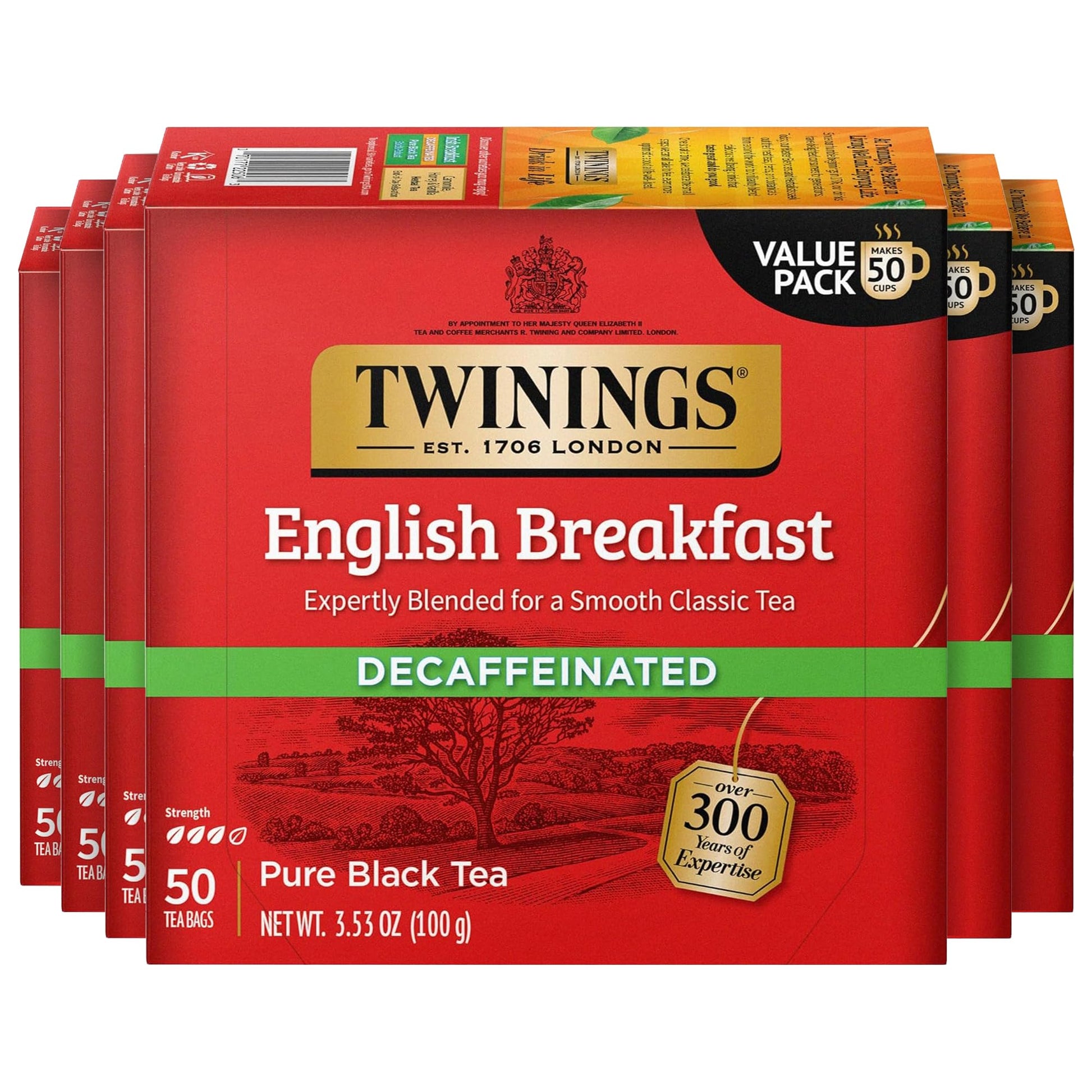 Twinings Decaffeinated English Breakfast Black Tea Bags, 50 Count (Pack of 6), Flavourful, Robust, Enjoy Hot or Iced, 300 Teabag