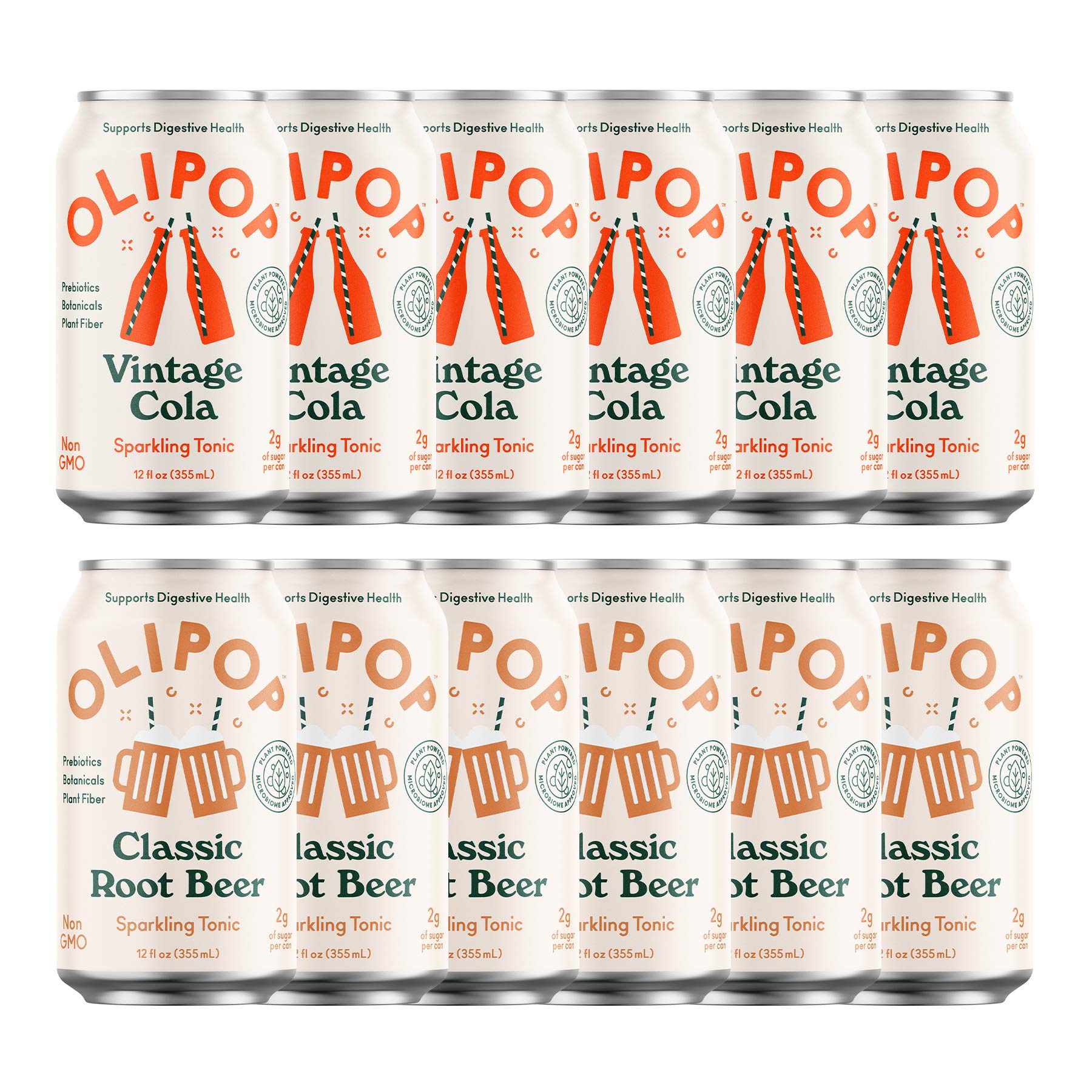 OLIPOP Vintage Cola & Root Beer Variety Pack, Prebiotic Soda, 12 oz, 12-Pack