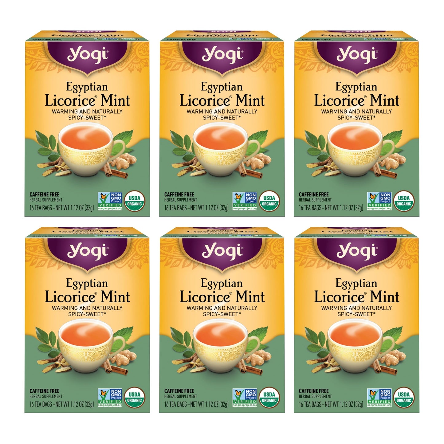 Yogi Tea Egyptian Licorice Mint Tea - Caffeine Free Herbal Tea - 96 Count (Pack of 6) - Naturally Spicy Sweet Flavor