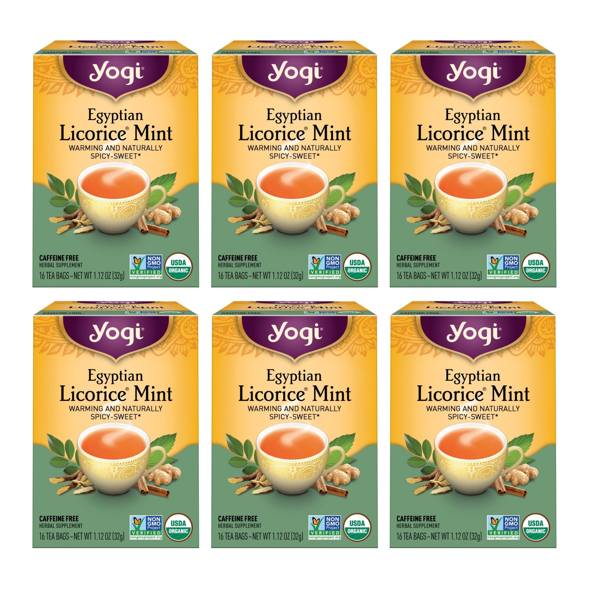 Yogi Tea Egyptian Licorice Mint Tea - Caffeine Free Herbal Tea - 96 Count (Pack of 6) - Naturally Spicy Sweet Flavor