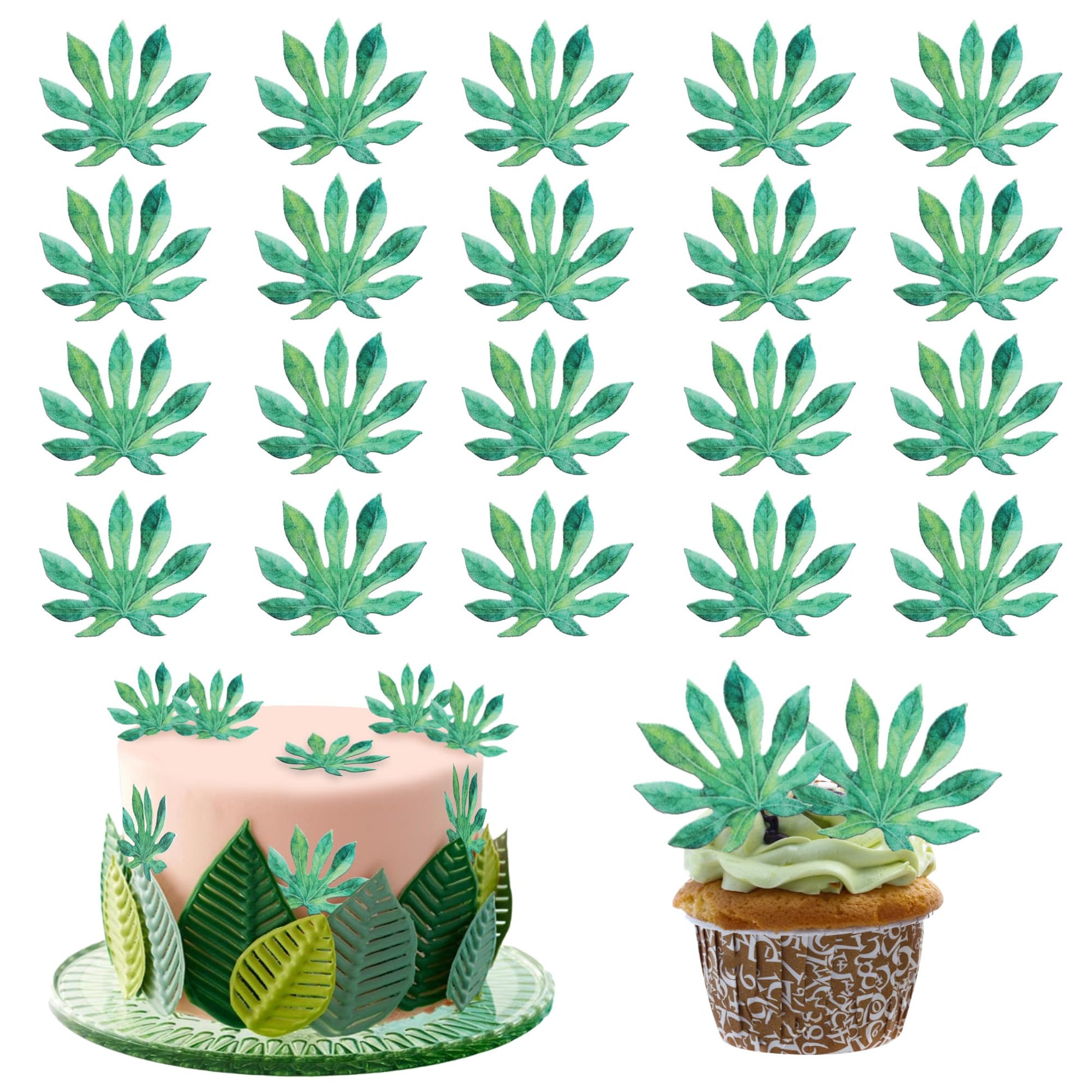 60 PCS Edible Tropical Turtle Leaves Cupcake Toppers Plam Leaves Cupcake Picks Hawaii Luau Party Decorations for Jungle Plant Le
