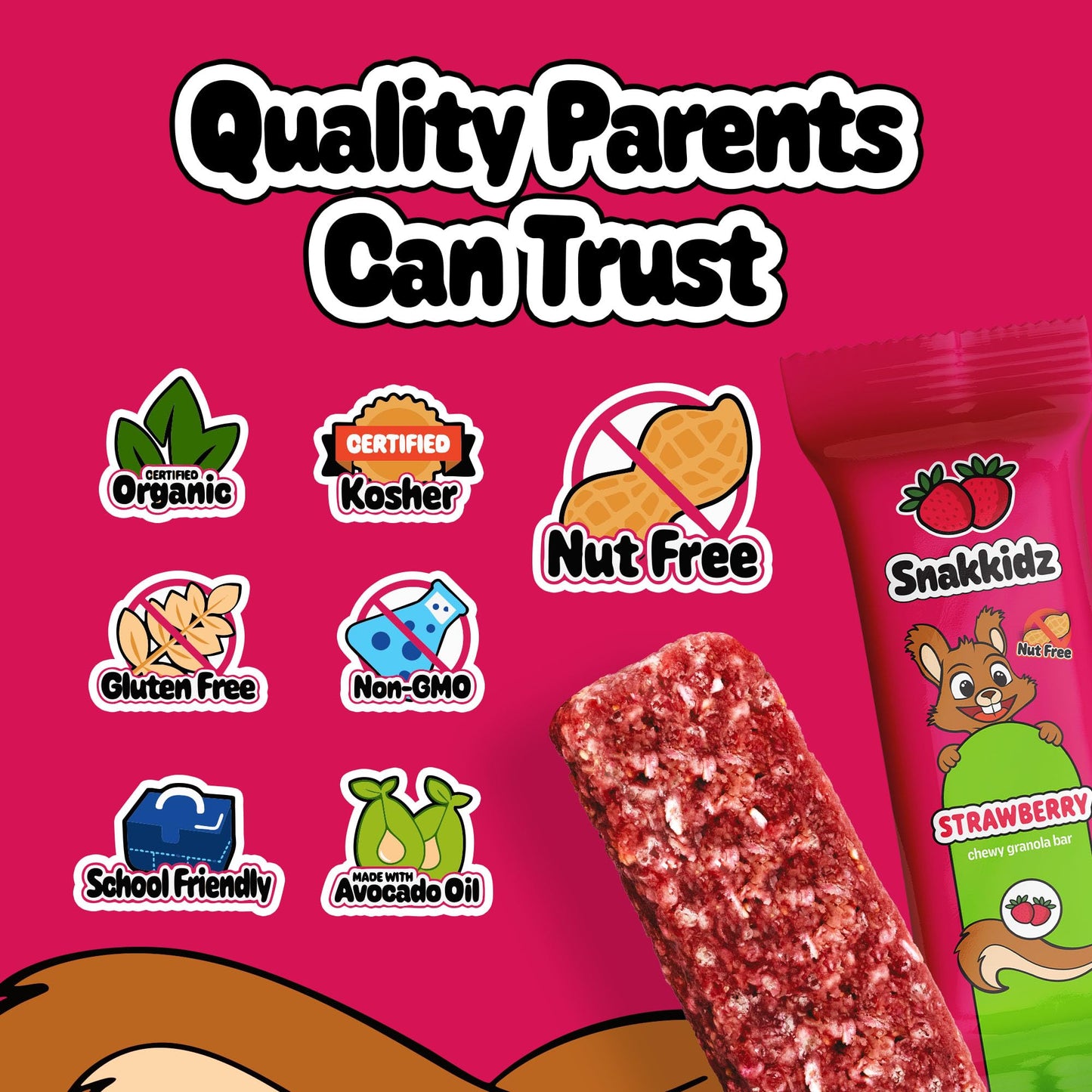 Snakkidz Organic Chewy Granola Bar - Allergen Free, Low Sugar, Made with Avocado Oil, 15 Bars, Strawberry Flavor