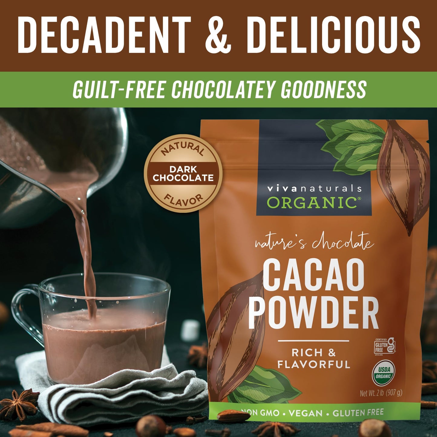 Viva Naturals Organic Cacao Powder, Unsweetened, 2 lb, Vegan, Keto, Gluten-Free