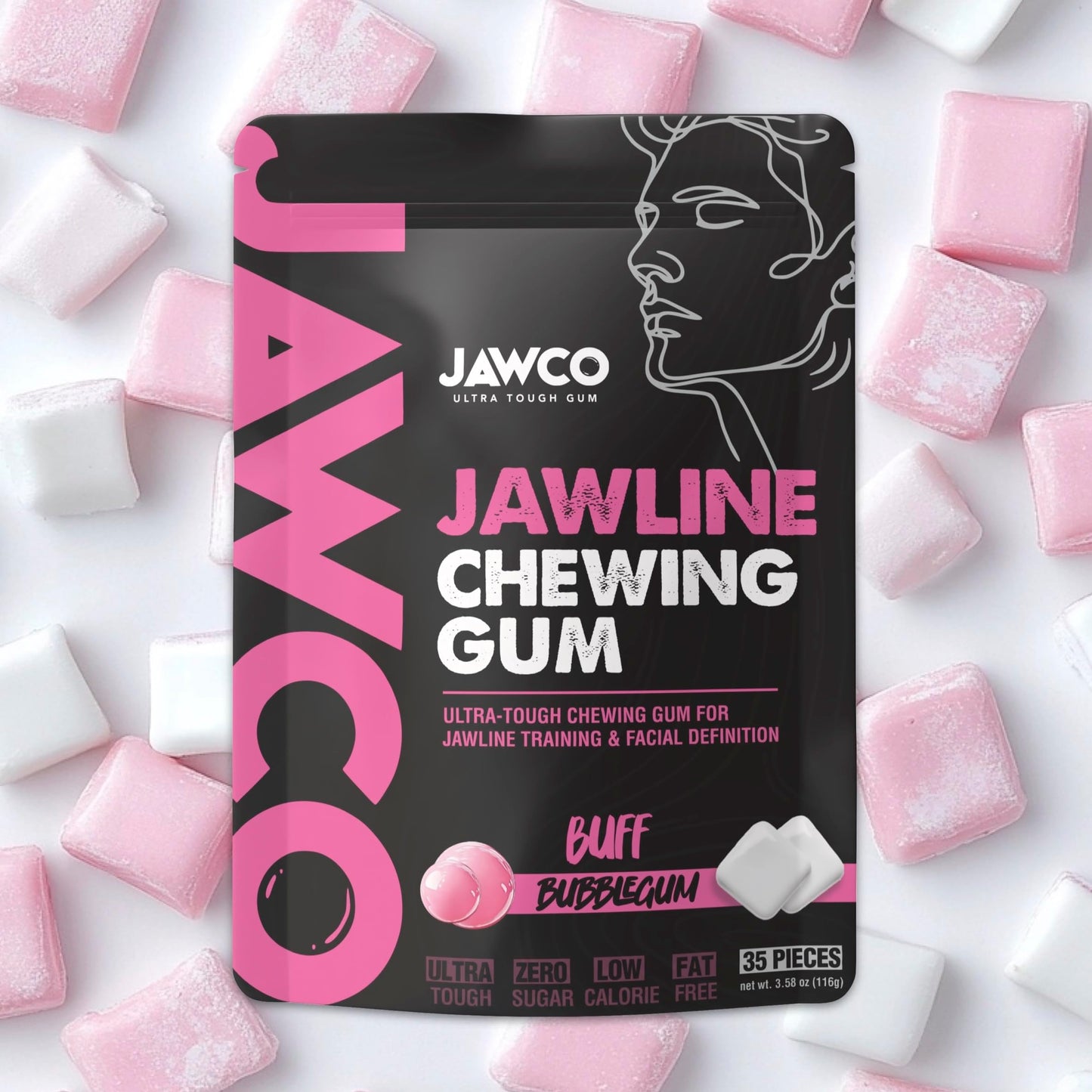 JAWCKO Ultra-Tough Jawline Chewing Gum | Get a Stronger, Squarer Jawline | Bubblegum Jaw Training Hard Gum | 15X Strength | Chis