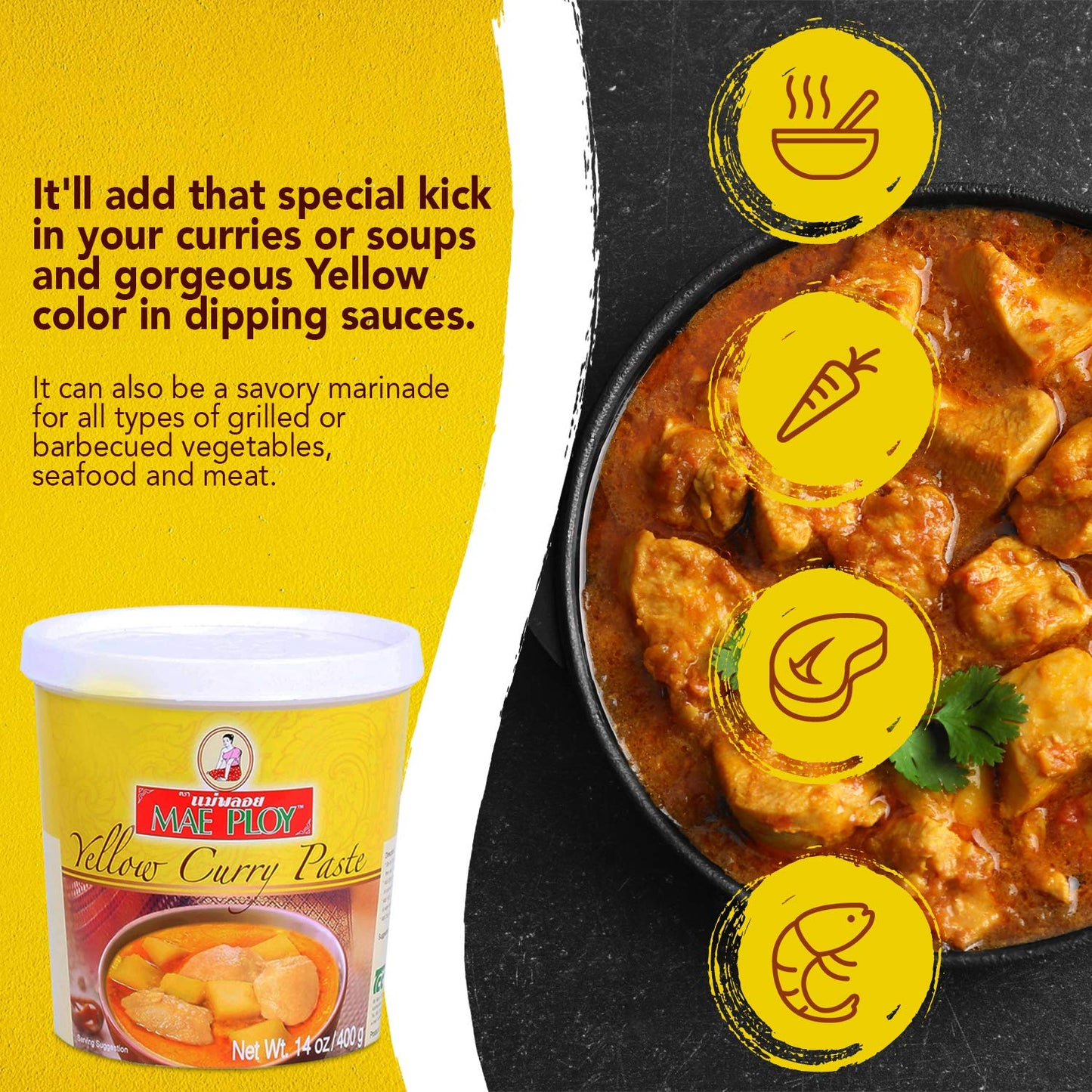 Mae Ploy Thai Yellow Curry Paste For Restaurant-Quality Curries, Aromatic Blend Of Herbs, Spices & Shrimp Paste, No Msg, Preservatives Or Artificial Coloring (14Oz Tub)