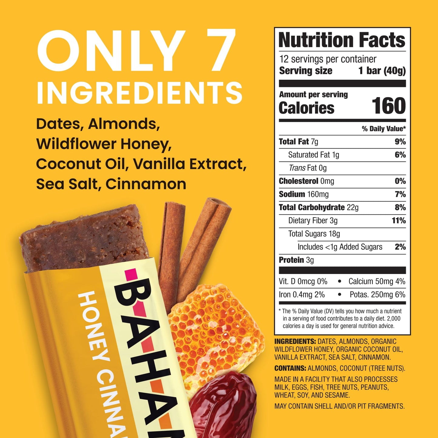 Bahamii Snack Bars, Gluten Free, Made with Dates & Nuts, Healthy Snacks, 12 Pack, Honey Cinnamon