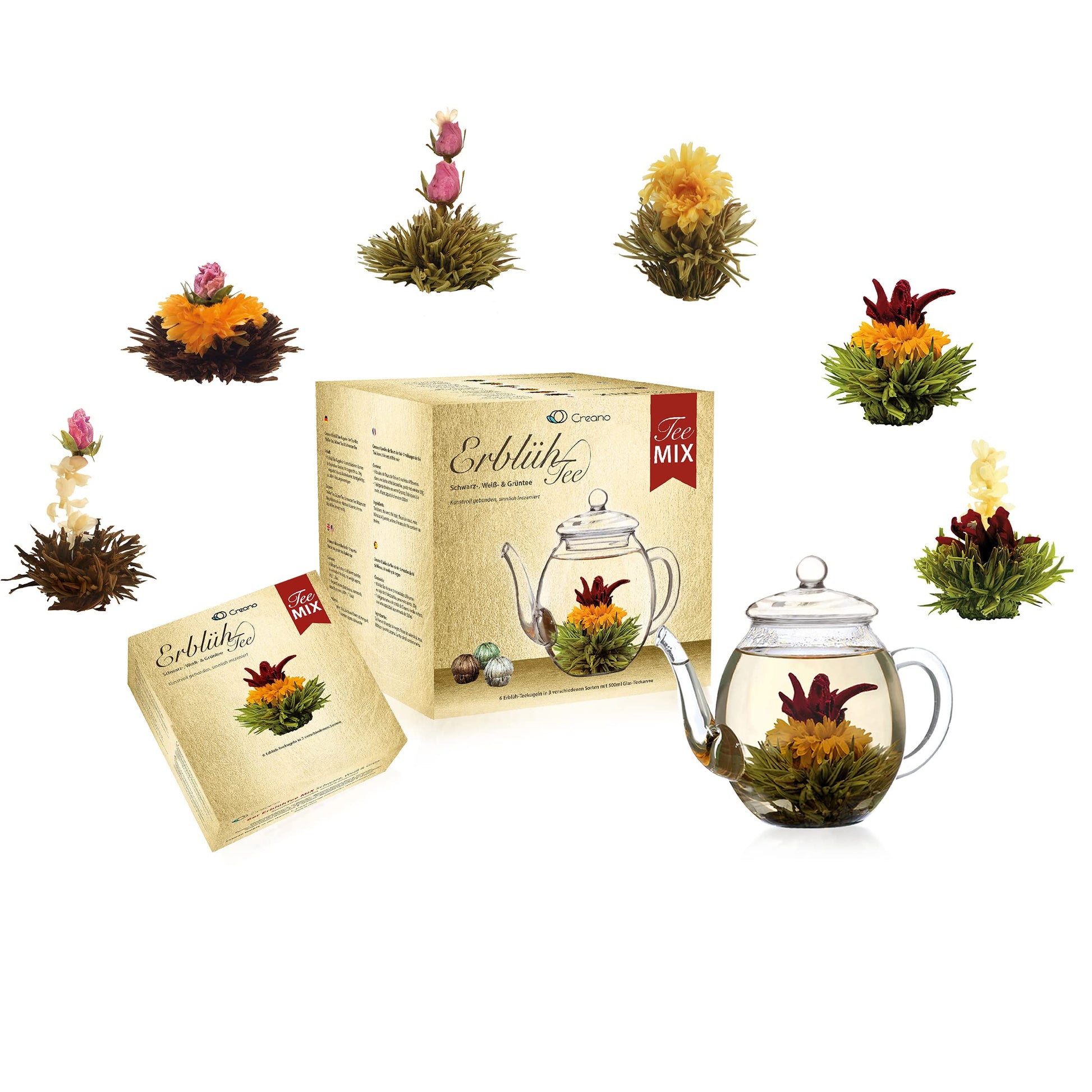 Creano Blooming Tea Gift Set with Glass Teapot, 6 Varieties of White, Green & Black Tea, Black, White & Green Color