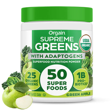 Orgain Supreme Greens Powder, 25 Organic Greens, 50 Superfoods, Vegan, 8.48 Ounce, Green Apple Flavor