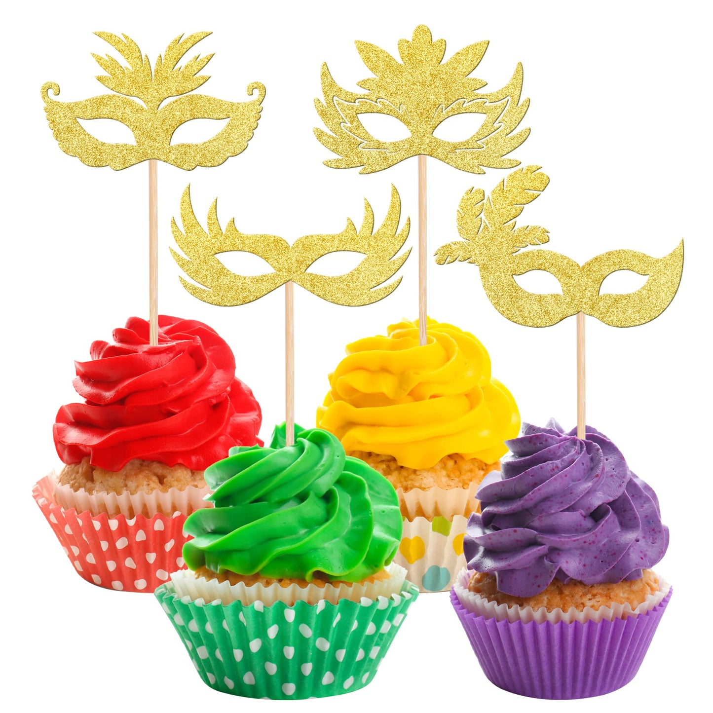 Rsstarxi Masquerade Masks Cupcake Toppers, 36 Pack, Glitter, Gold, Design 1, Paper, Mardi Gras, Bachelorette, Baby Shower Party Supplies