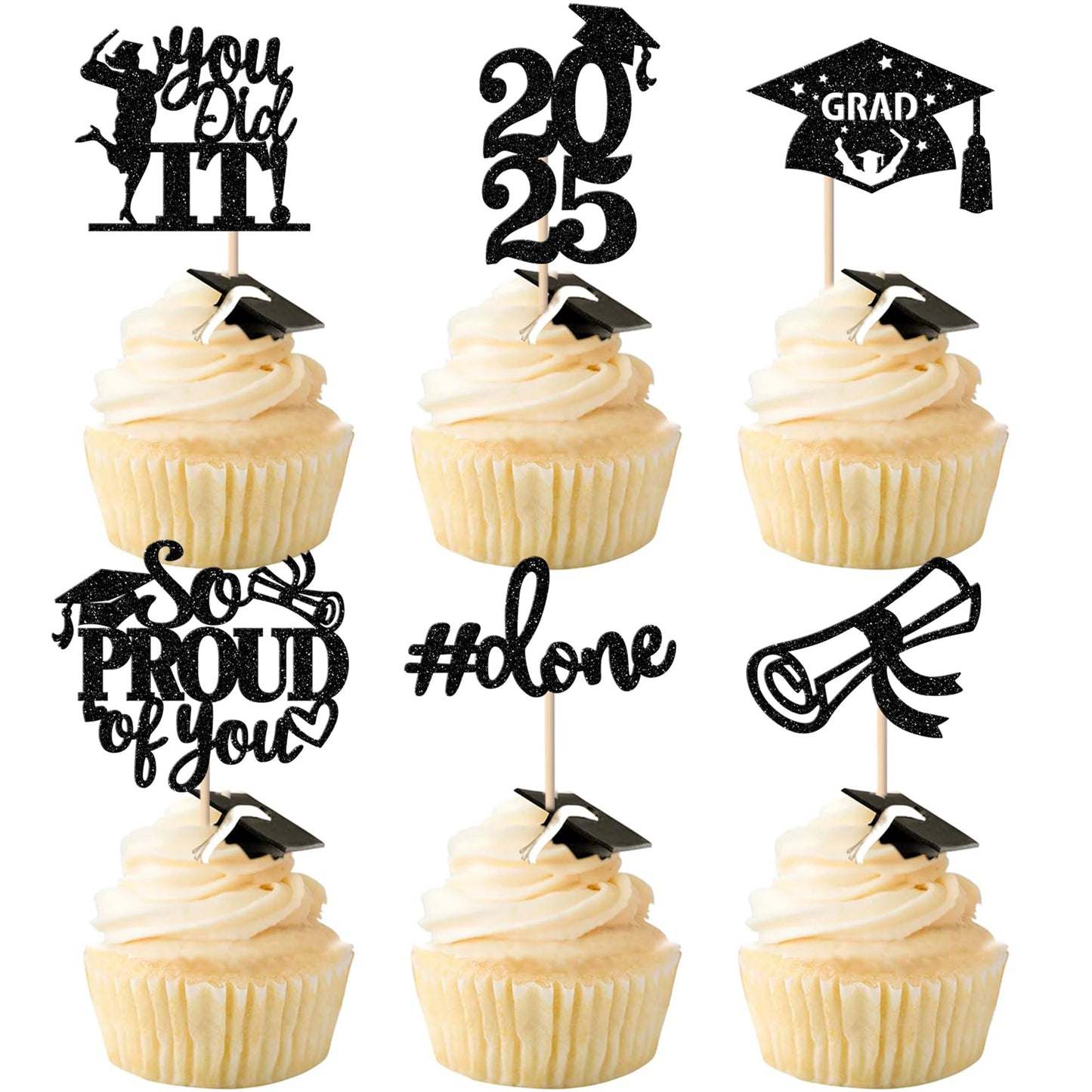 YCTHUNFISH Graduation Cupcake Toppers, 24 Pack, Glitter, Bamboo, Orange, 2025 Theme Party Decorations