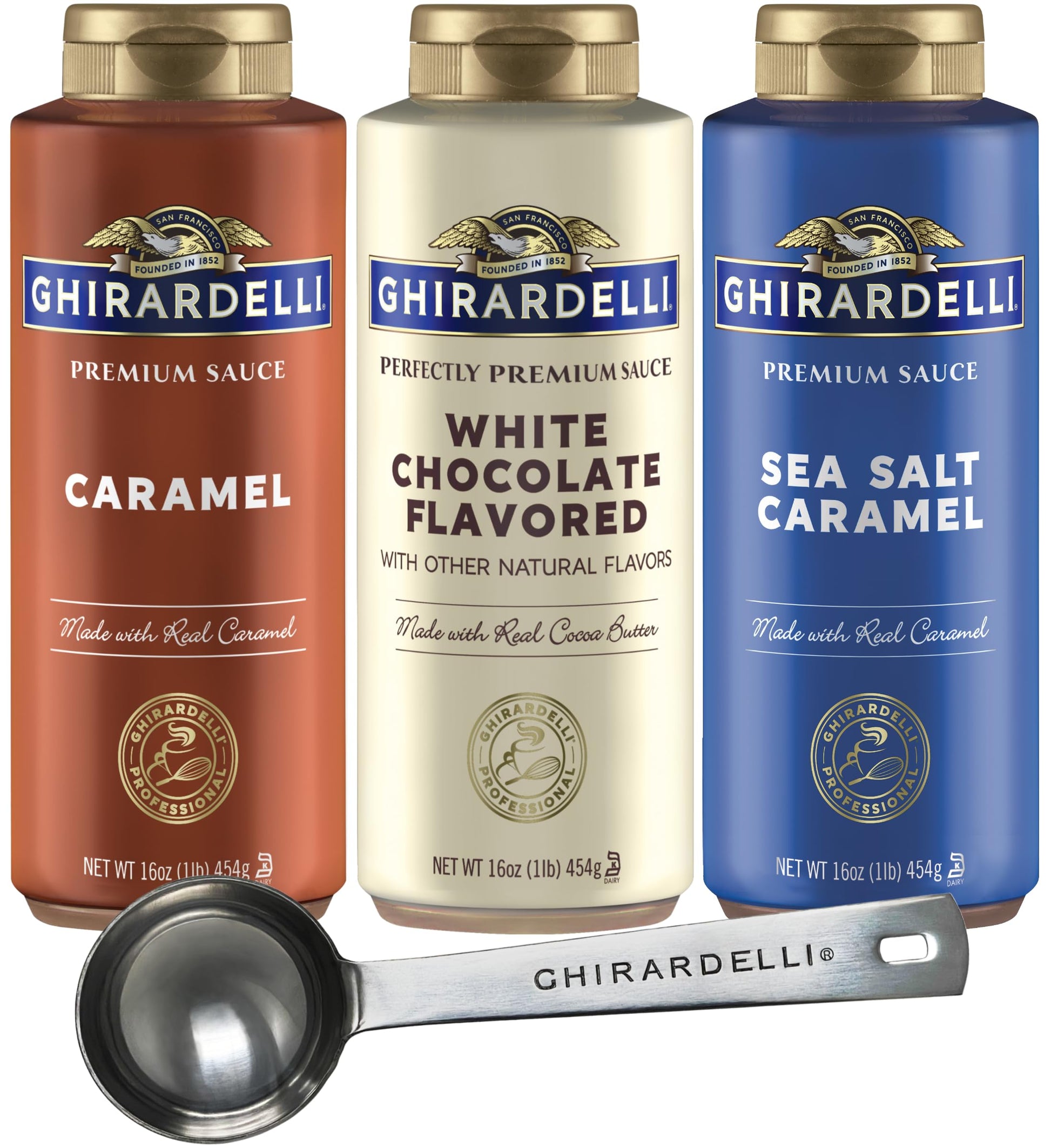 Ghirardelli Sea Salt Caramel, White Chocolate and Caramel Flavored Sauce 16 oz Bottles (Pack of 3) with Ghirardelli Stamped Bari