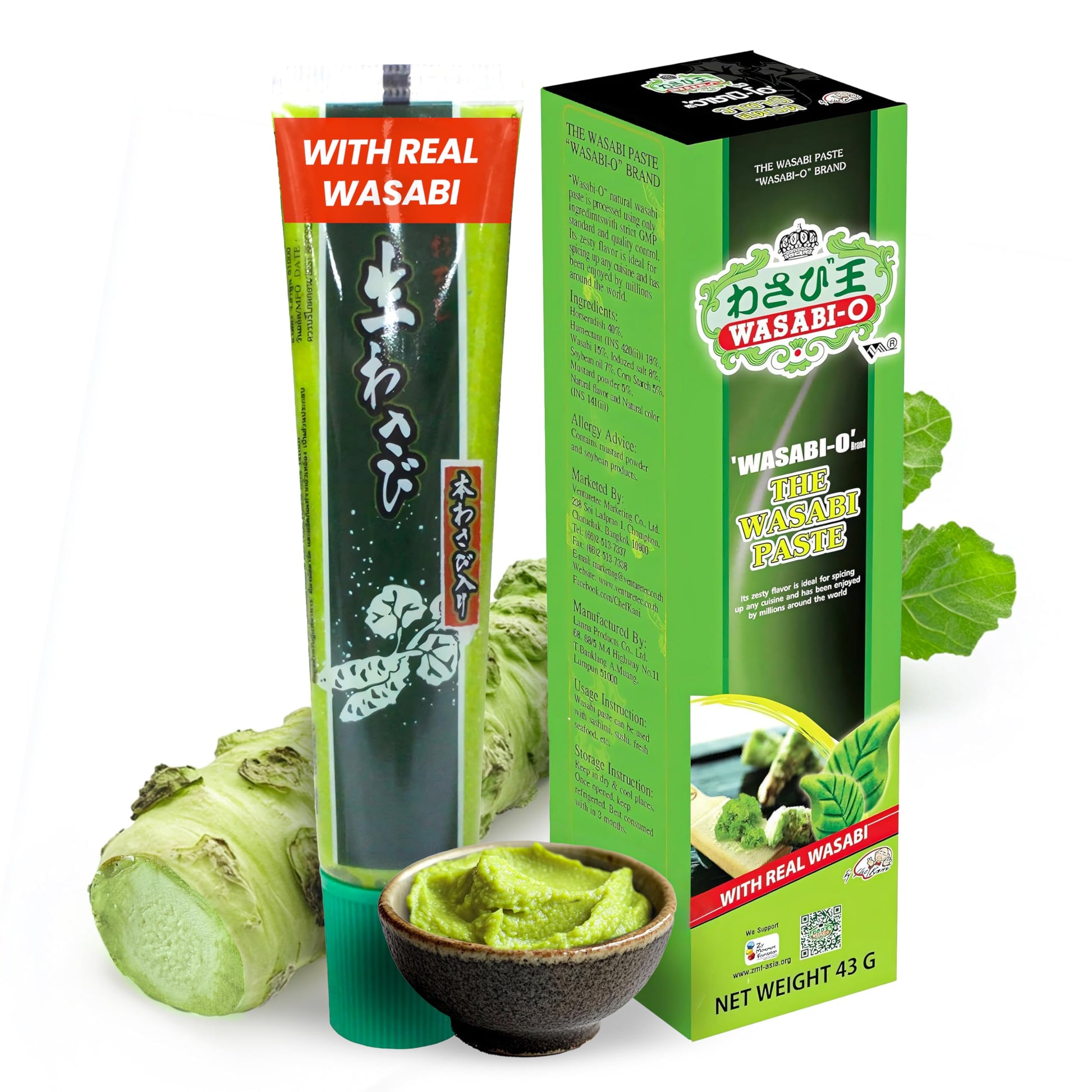 WASABI-O Wasabi Paste - 15% Real Japanese Wasabi, 1.52oz Tube, Green, Vegan, Halal