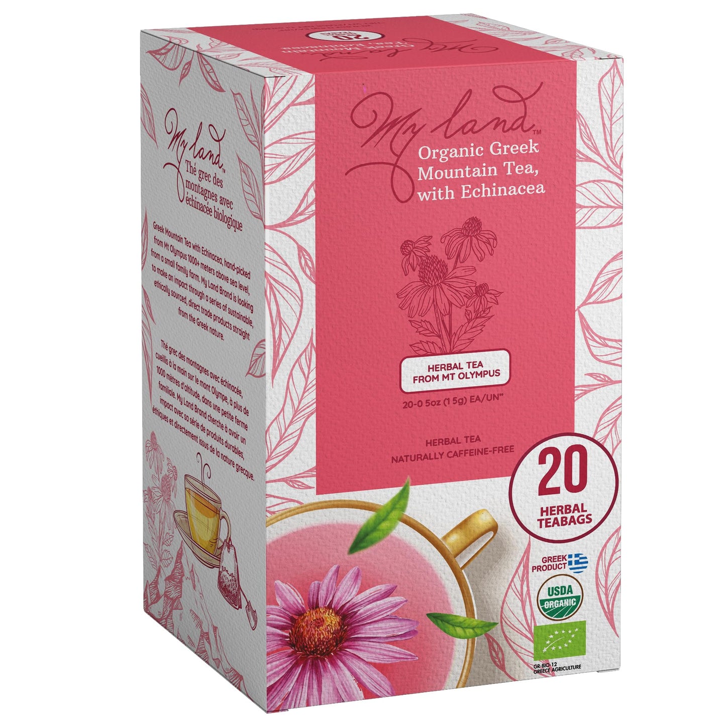 MY LAND Organic Greek Mountain Tea with Echinacea, Handcrafted Herbal Tea, 20 Count Pack