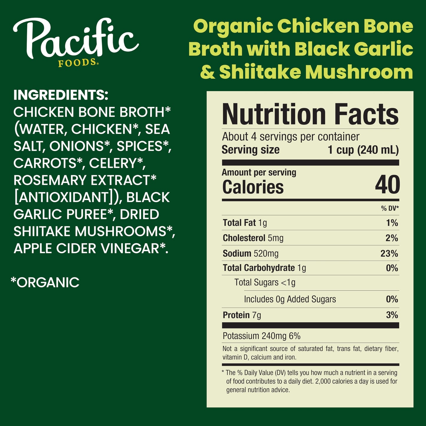 Pacific Foods Organic Chicken Bone Broth with Black Garlic & Shiitake Mushroom, 32 oz Carton