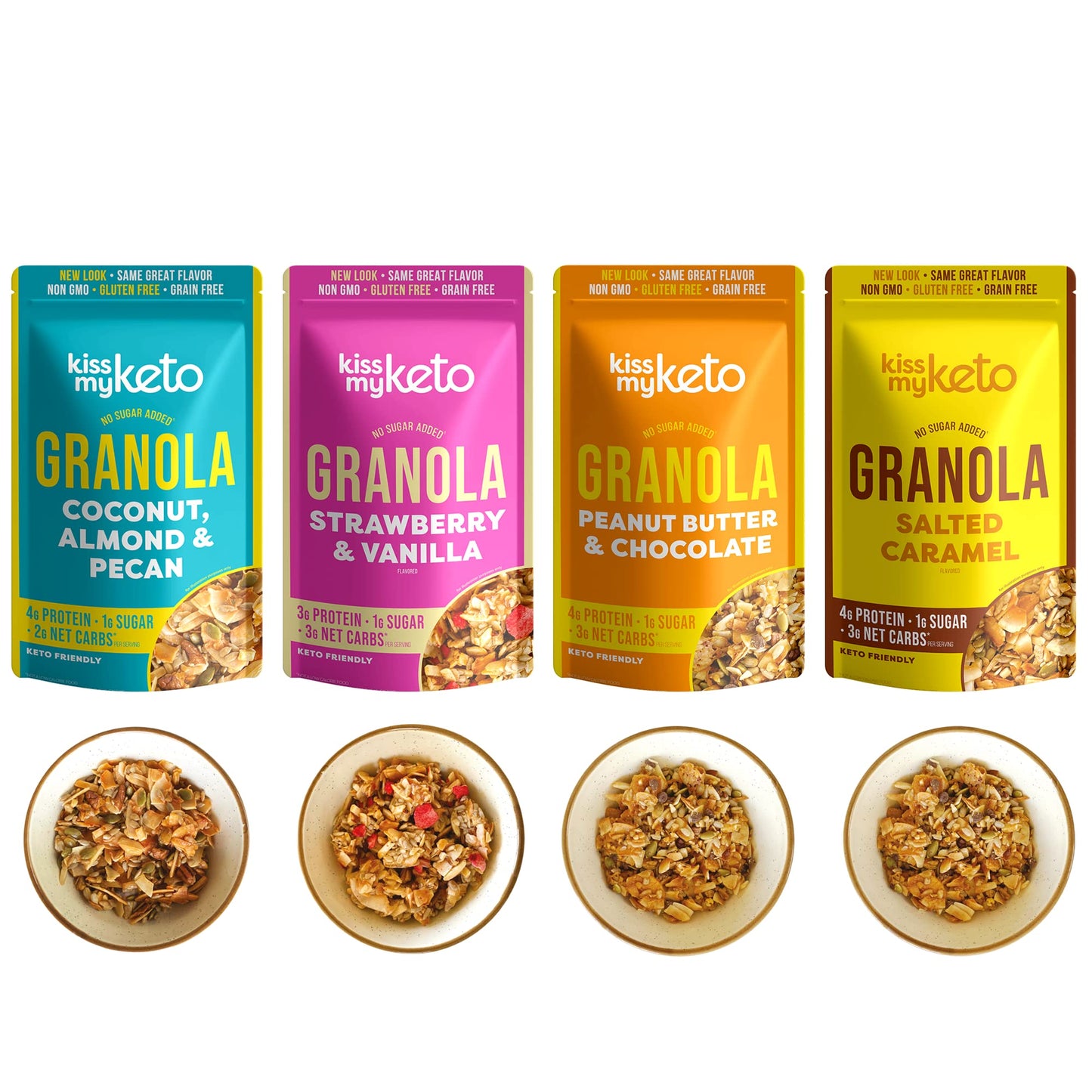 Kiss My Keto Granola Cereal - Variety Pack Keto Granola Low Carb Cereal (2g-Net) Low Sugar Granola - Grain Free Granola Keto Cer