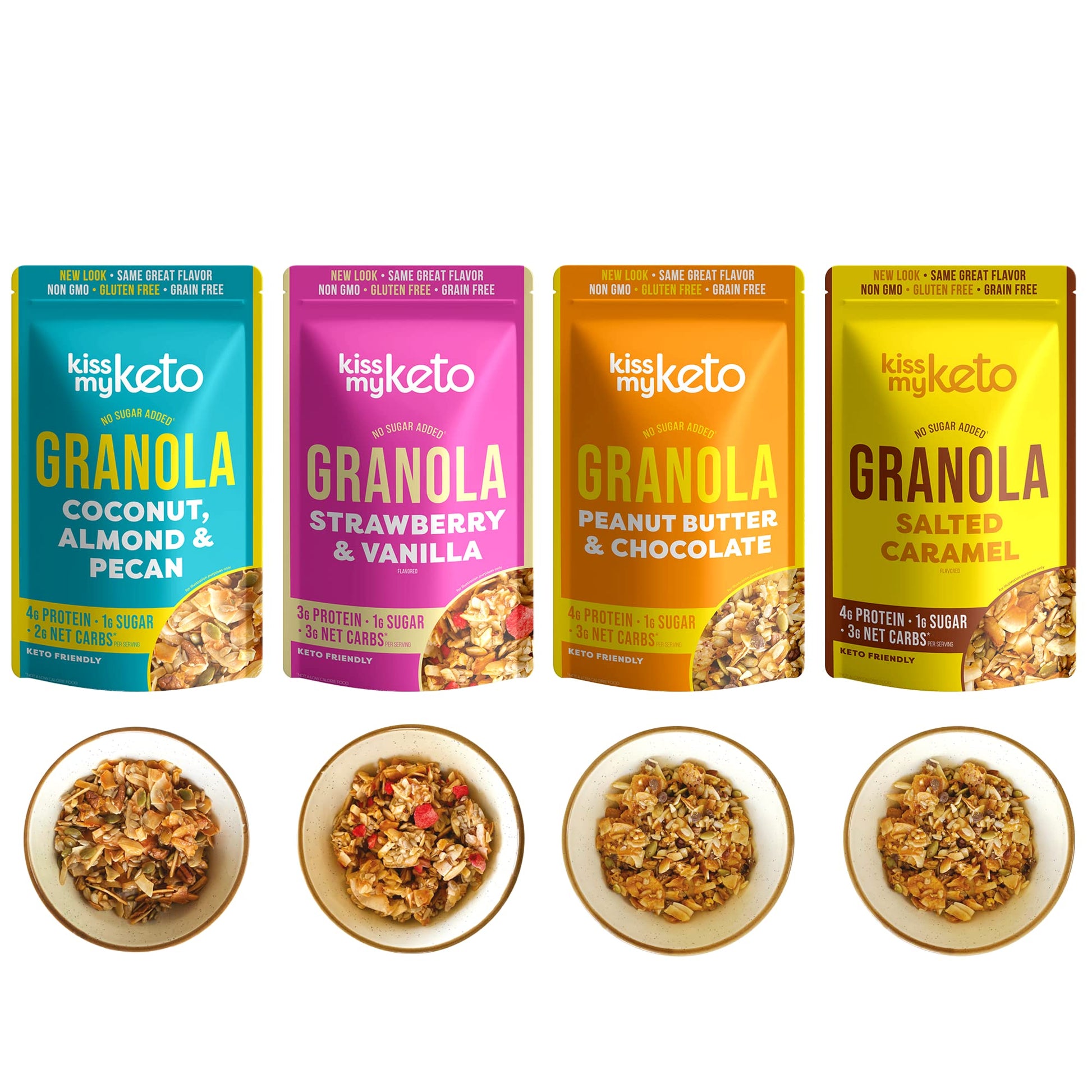 Kiss My Keto Granola Cereal - Variety Pack Keto Granola Low Carb Cereal (2g-Net) Low Sugar Granola - Grain Free Granola Keto Cer