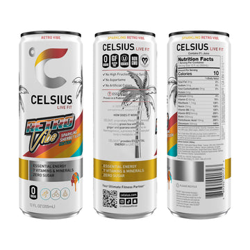 CELSIUS RETRO VIBE™ Sparkling Sherbet Slush, Sugar Free Energy Drink, 12 Fl Oz (Pack of 12) - Refreshing Energy Boost