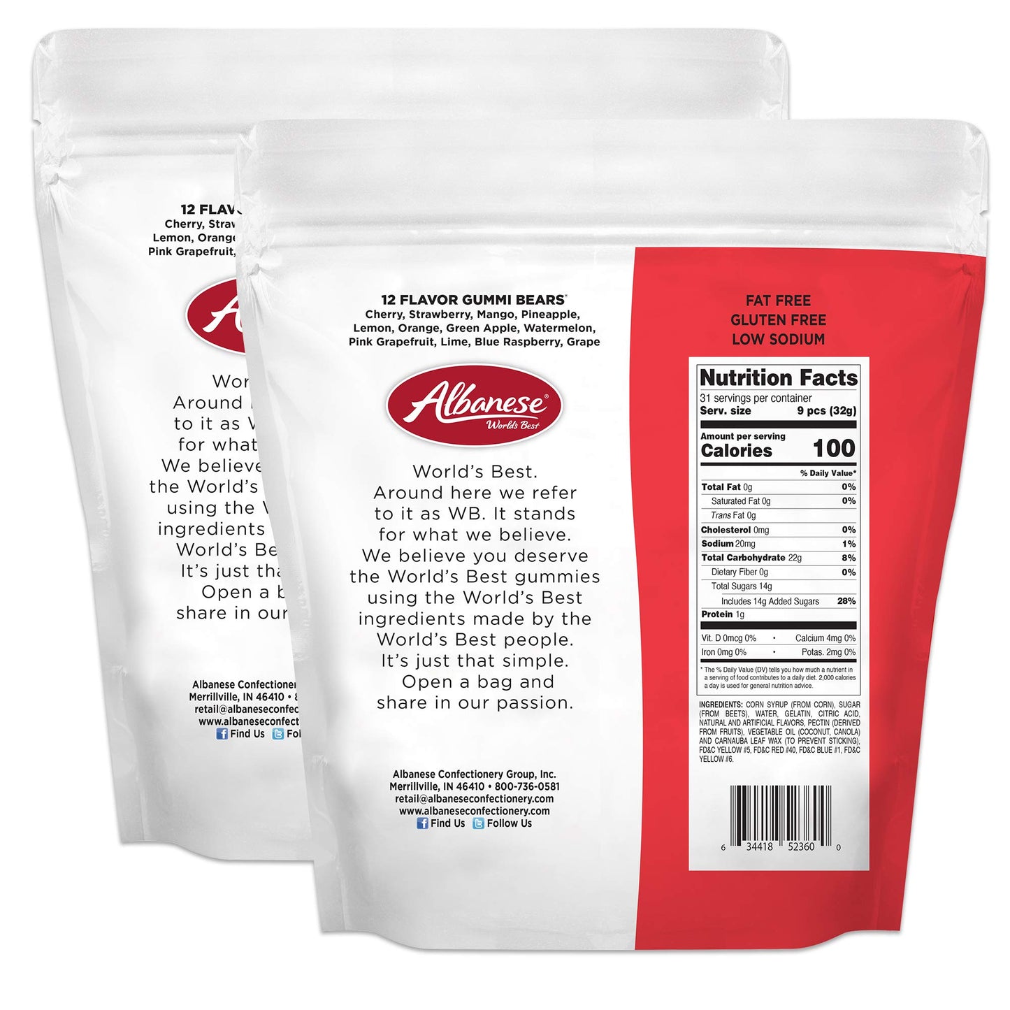 Albanese World s Best 12 Flavor Gummi Bears | 2 Pack - 36oz Bags of Candy | 12 Unique Flavors, Gluten Free, Fat Free, Soft Gumm