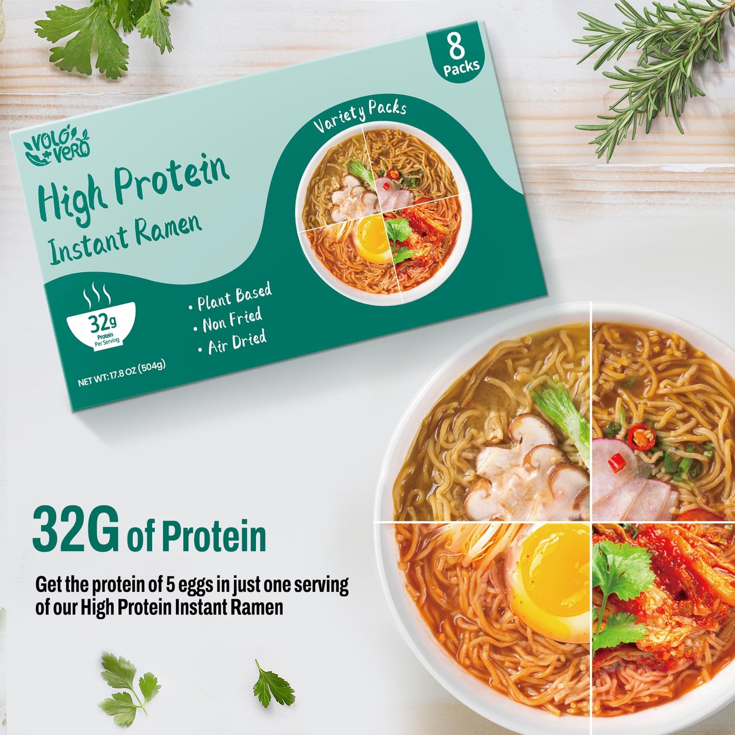 VOLO VERO Protein (32g) Ramen Variety Pack - Chicken  Spicy Beef  Kimchi  Curry   8 Packs Instant High Protein Ramen Noodles Soup  Plant-Based  Non-Fried  Vegan  Low Fat  Egg & Dairy Free Healthy Meal