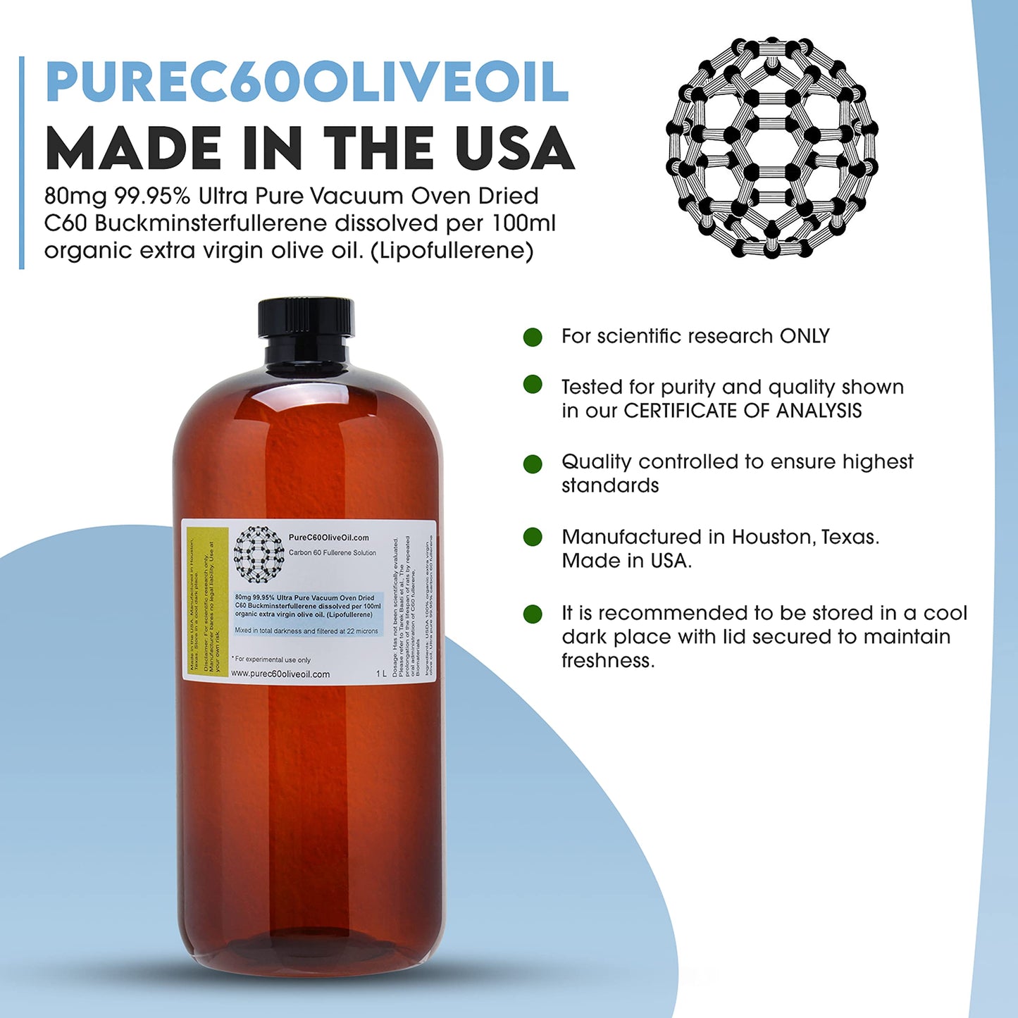 PureC60OliveOil C60 Organic Olive Oil 1L / 33.8 Fl Oz - 99.95% Carbon 60 Solvent Free 800mg - Food Grade - BUCKMINSTERFULLERENE