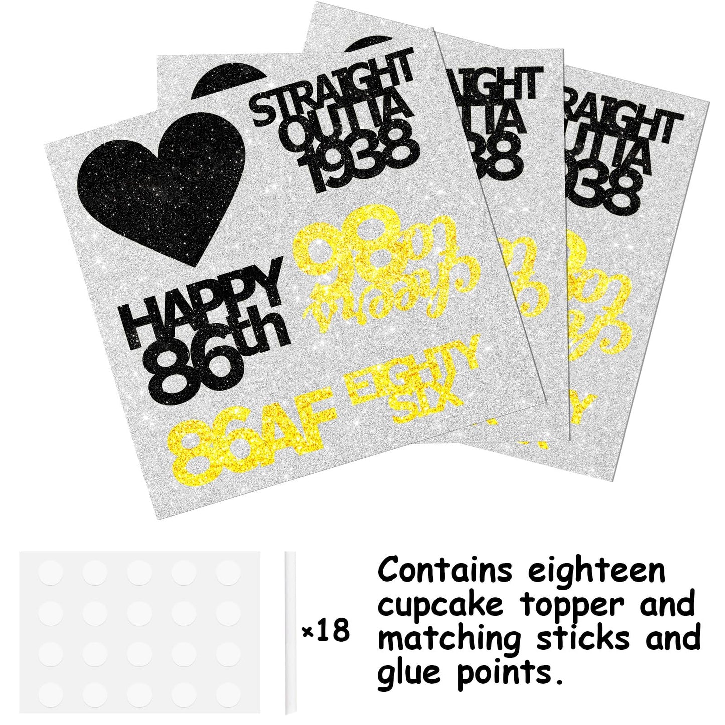 18Pcs Black Gold Glitter Dessert Cupcake Pick For Straight Outta 1938 Cheer To 86 Years Old Theme Decor Supplies Happy 86Th Birt