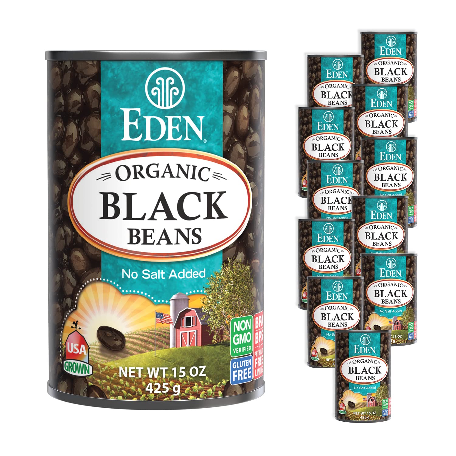Eden Organic Black Beans, 15 oz Can (12-Pack Case), No Salt Added, Non-GMO, U.S Grown, Heat and Serve, Macrobiotic, Turtle Beans