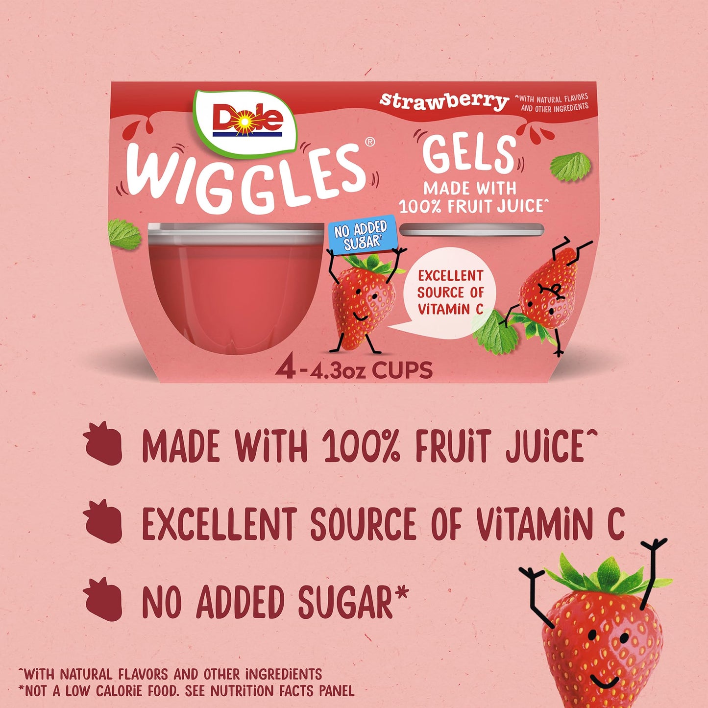 Dole Wiggles No Sugar Added Strawberry Fruit Juice Gels Snacks, 4.3oz 24 Total Cups, Gluten & Dairy Free, Bulk Lunch Snacks for
