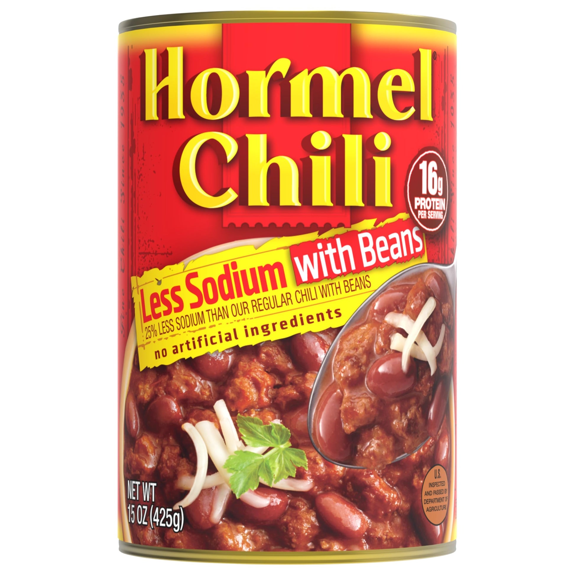 Hormel Chili With Beans, Less Sodium, 15 oz Canned Chili, Gluten-Free, Pack of 12, 16g Protein per Serving