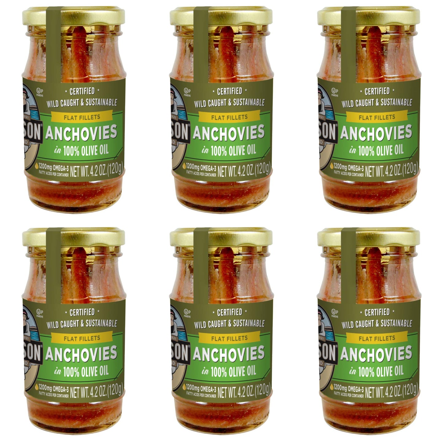 Season Anchovies In Olive Oil - Flat Anchovy Fillets, Wild Caught Fish, Keto Snacks, Canned Anchovies, Rich In B Vitamins, Low In Mercury, Kosher, Non-Gmo, 600Mg Of Omega-3-4.2 Oz Glass Jar, 6-Pack