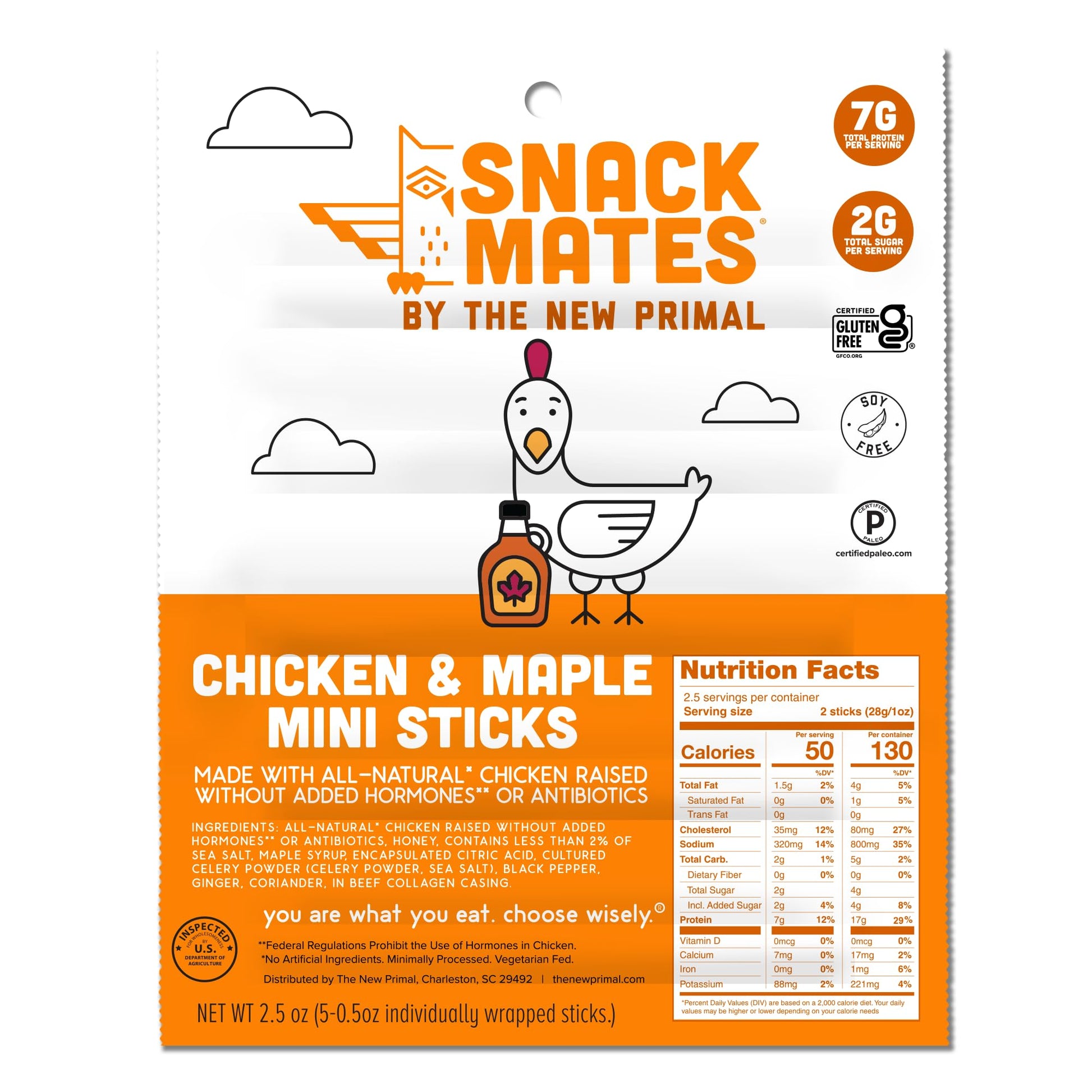 Snack Mates by The New Primal, Chicken & Maple Stick, All-Natural Chicken, High Protein and Low Sugar Kids Snack, Certified Pale