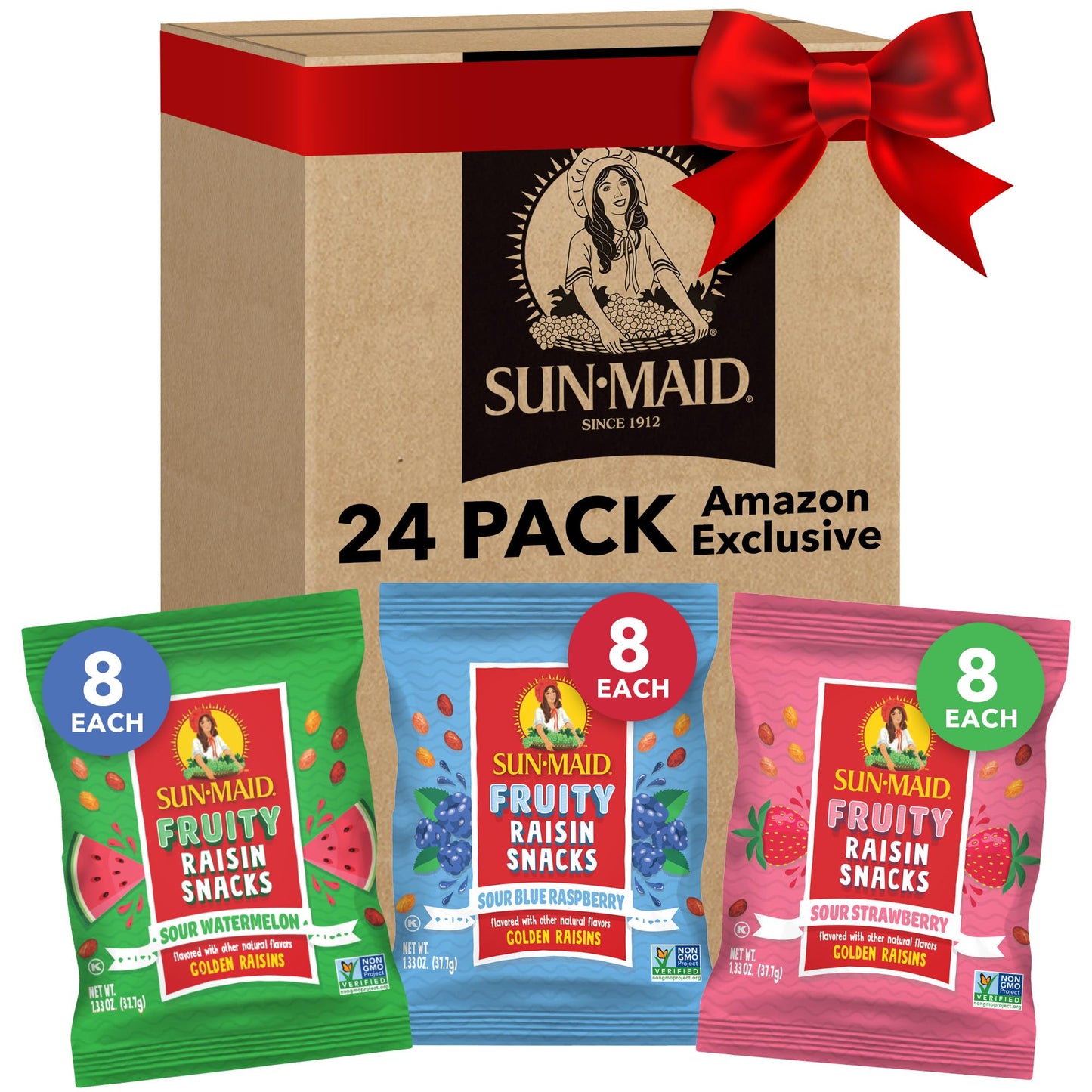 Sun-Maid Fruity Raisin Snack Variety Pack - Sour Strawberry, Watermelon & Blue Raspberry - 24 Pack (1.33 oz Pouches)