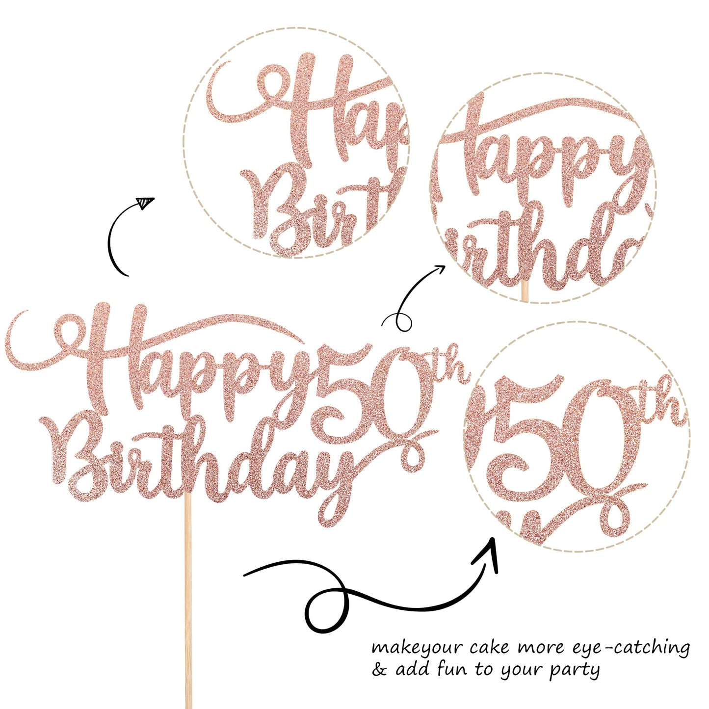 Rssta i Happy 50th Birthday Cake Topper, Rose Gold Glitter, Model XM042, Paper Decoration for Anniversary Party Supplies