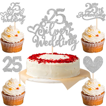 25 PCS 25th Anniversary Cupcake Toppers with 25 Silver Wedding Cake Topper Glitter Heart 25th Wedding Anniversary Cupcake Picks 
