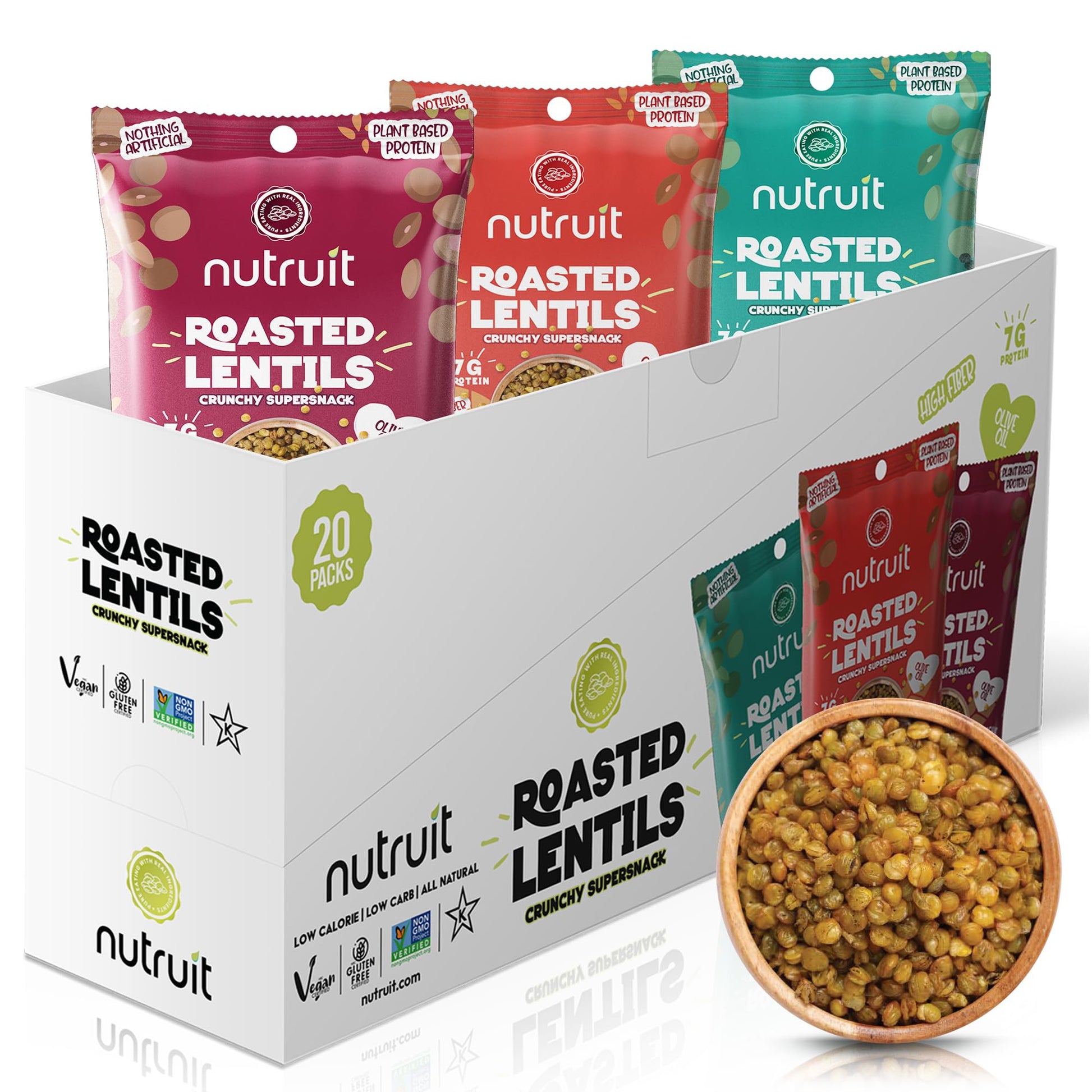 Nutruit Roasted Lentil Snacks - Tasty Snack Box with Vegan  Gluten Free  Non-GMO  High Protein  Low Calorie  Healthy On-The-Go Low Calorie Lentils Snacks - 1.2oz Packs (20-Pack Variety Box)