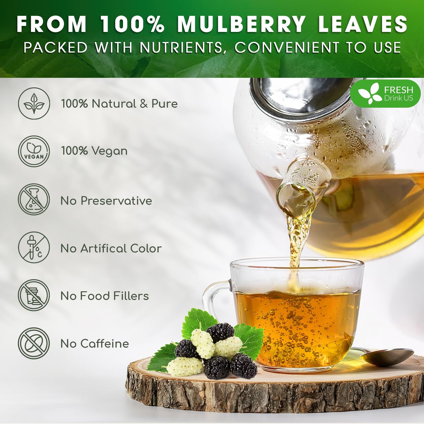 Freshdrinkus, Permium 16Oz Mulberry Leaves, 100% Natural & Pure From Mulberry Leaves, Loose Leaf Herbal Tea, No Additives, No Caffeine, Vegan