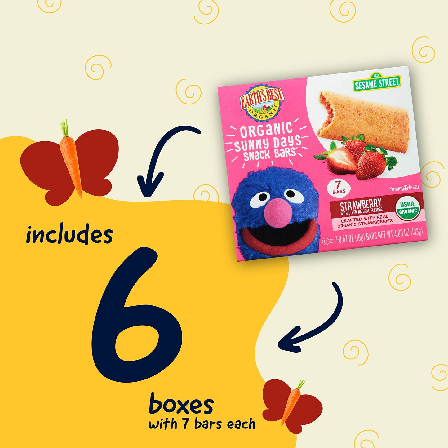 Earth'S Best Organic Kids Snacks, Sesame Street Toddler Snacks, Organic Sunny Days Snack Bars For Toddlers 2 Years And Older, St