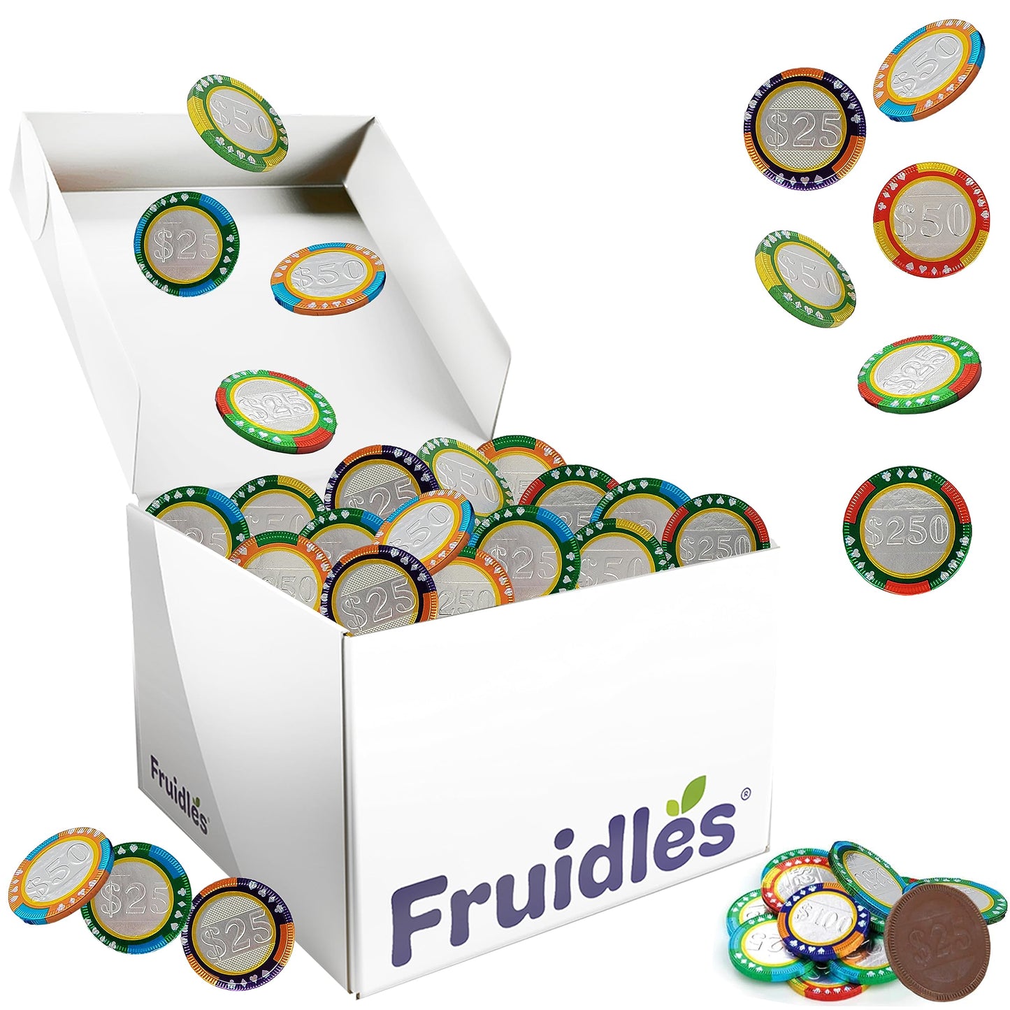 Fruidles Casino Poker Chips, Belgian Milk Chocolate Coins, Kosher, Non-GMO, 1000-Pack, Multi-Color
